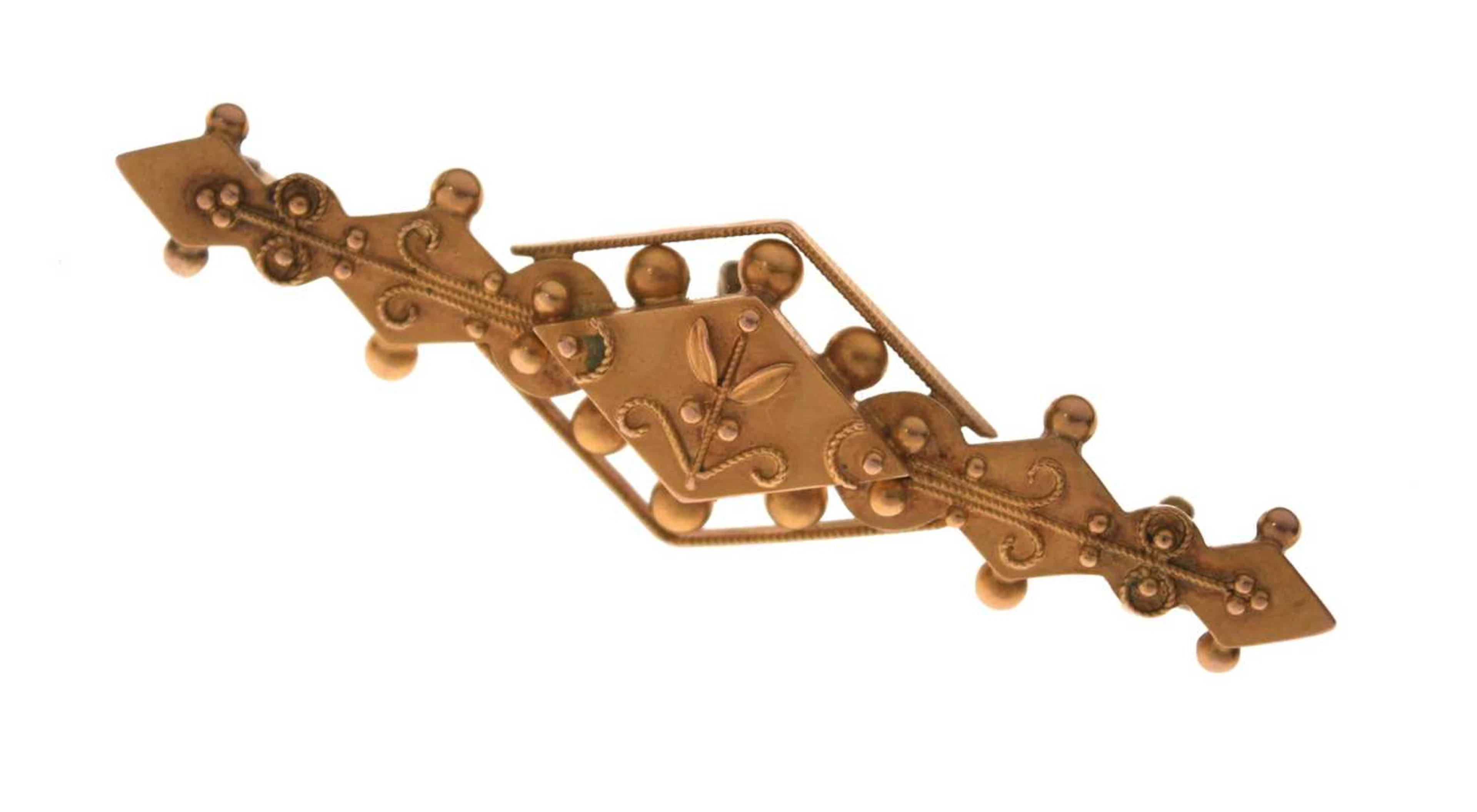 Victorian yellow metal bar brooch, stamped '15ct'