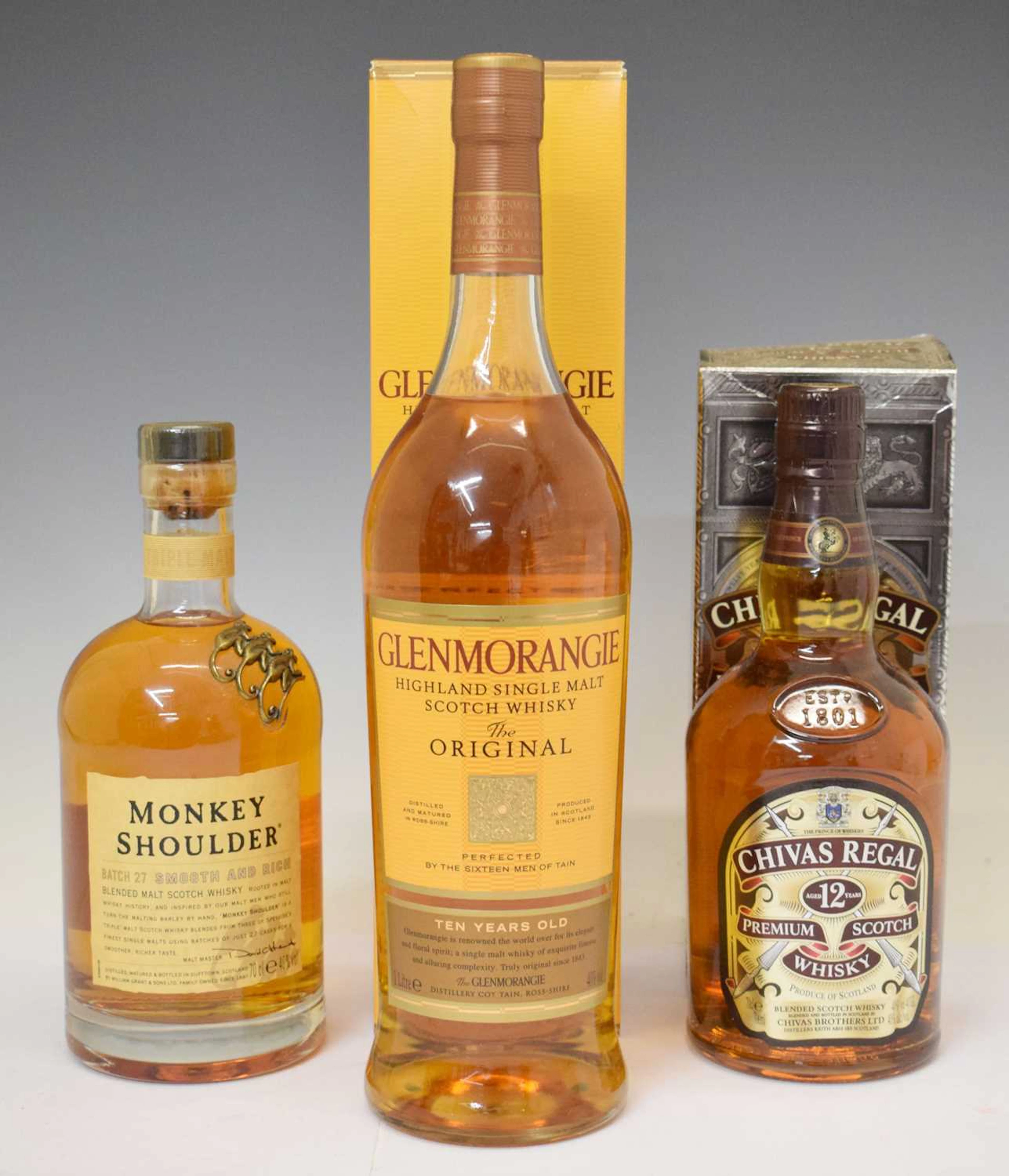 Glenmorangie, Chivas Regal, and Monkey Shoulder whisky