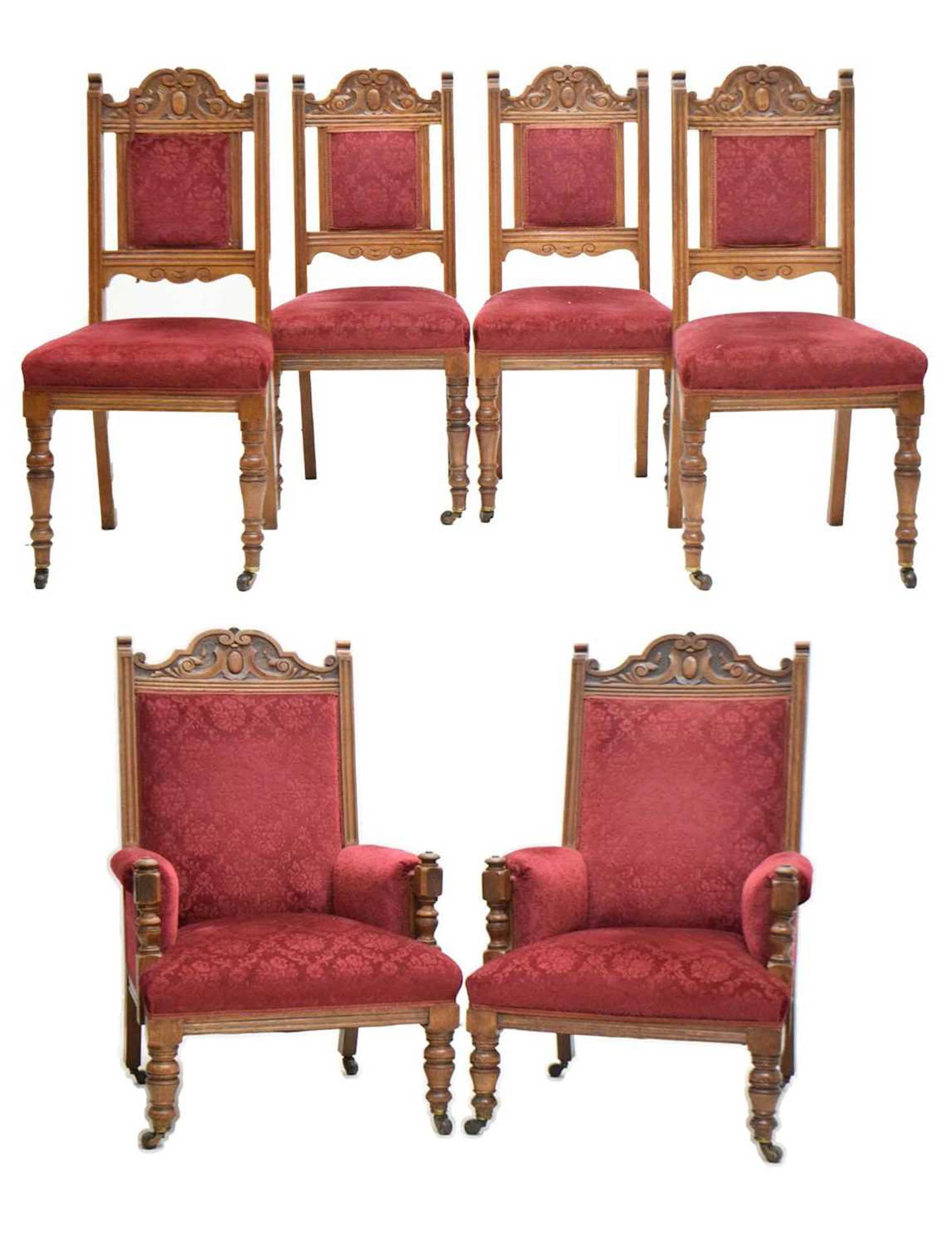 Edwardian carved oak six-piece drawing room suite, stamped 'White, Urmston'