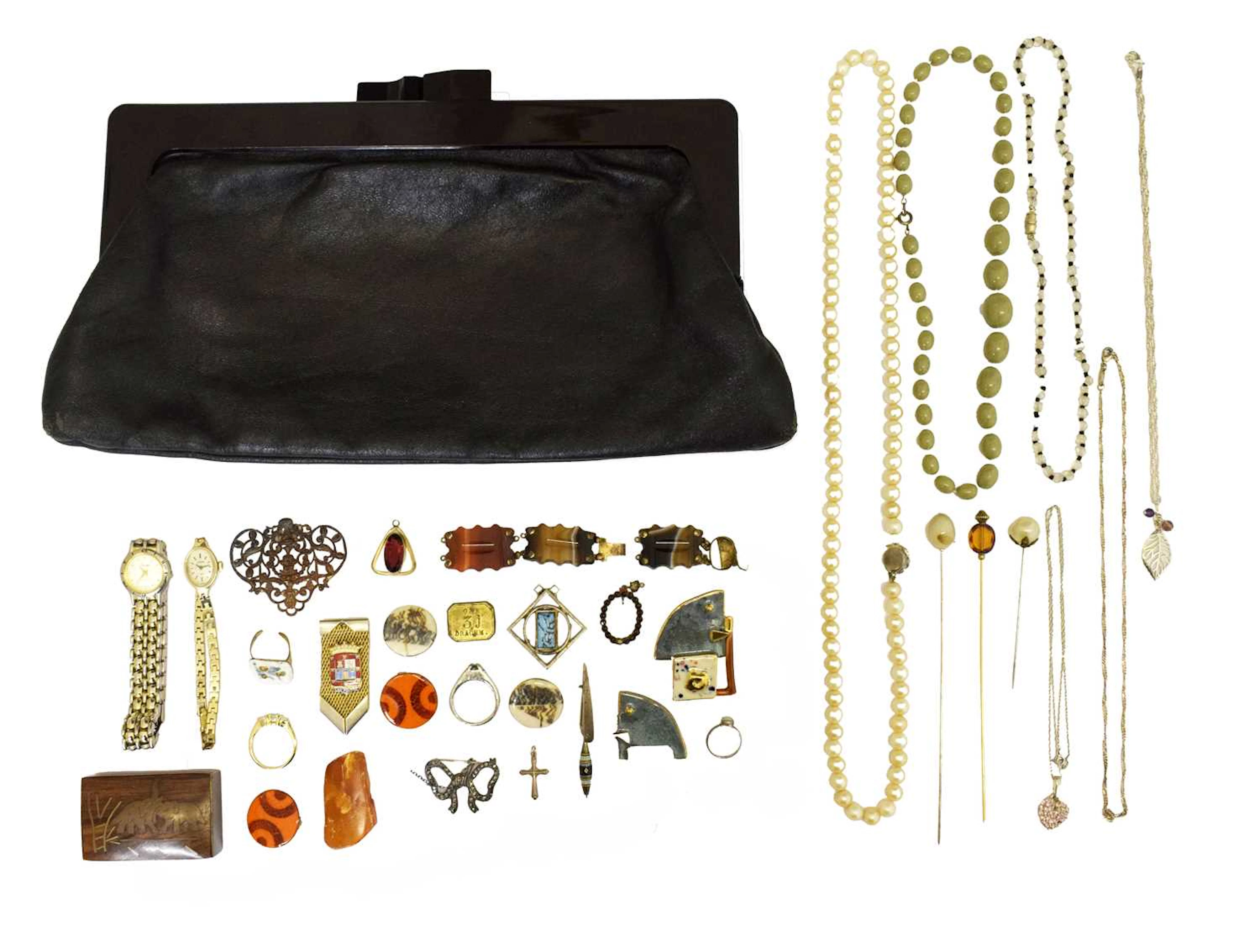 Mid century handbag containing white metal and costume jewellery, etc