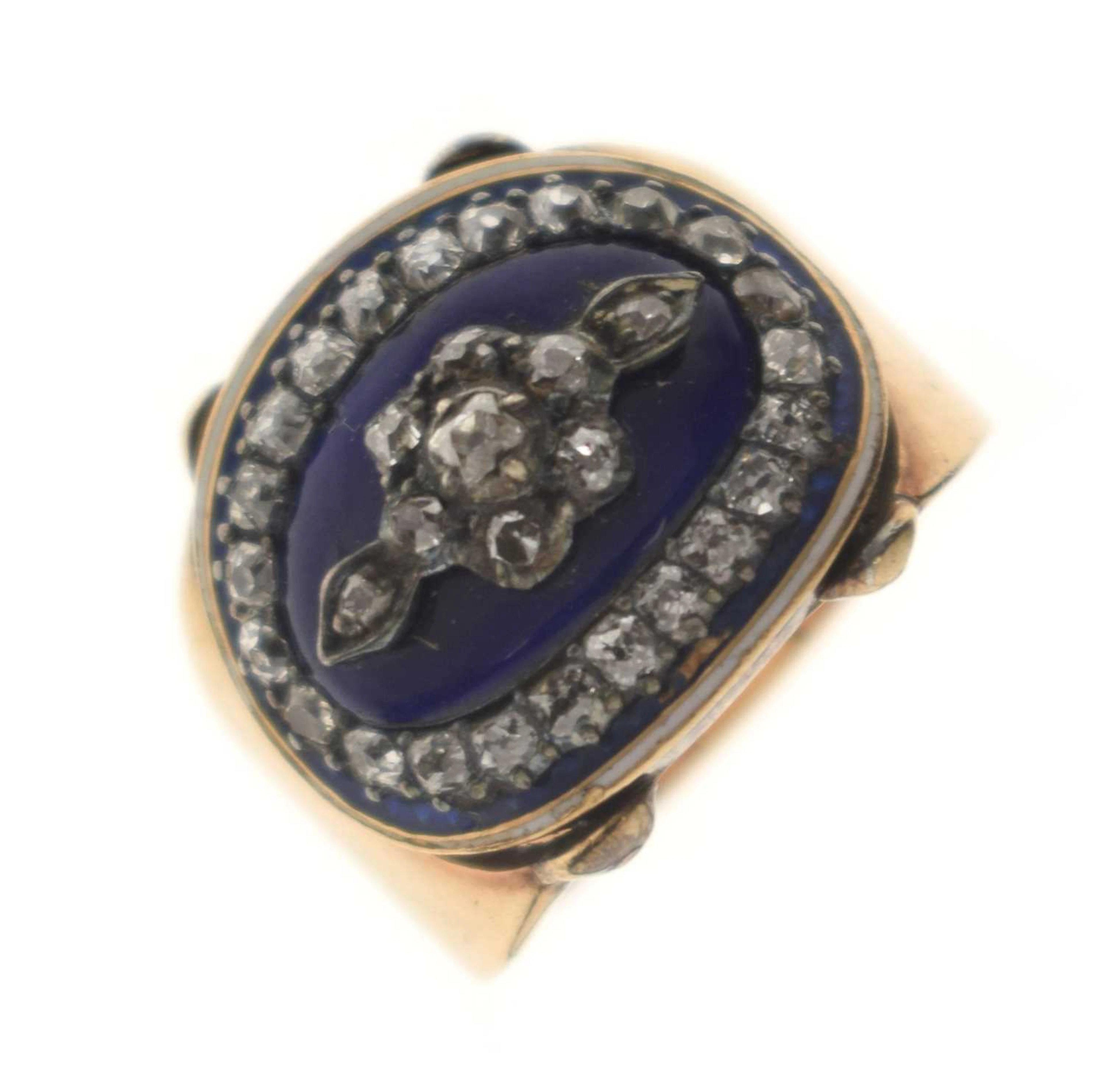 19th century diamond enamelled unmarked yellow metal ring