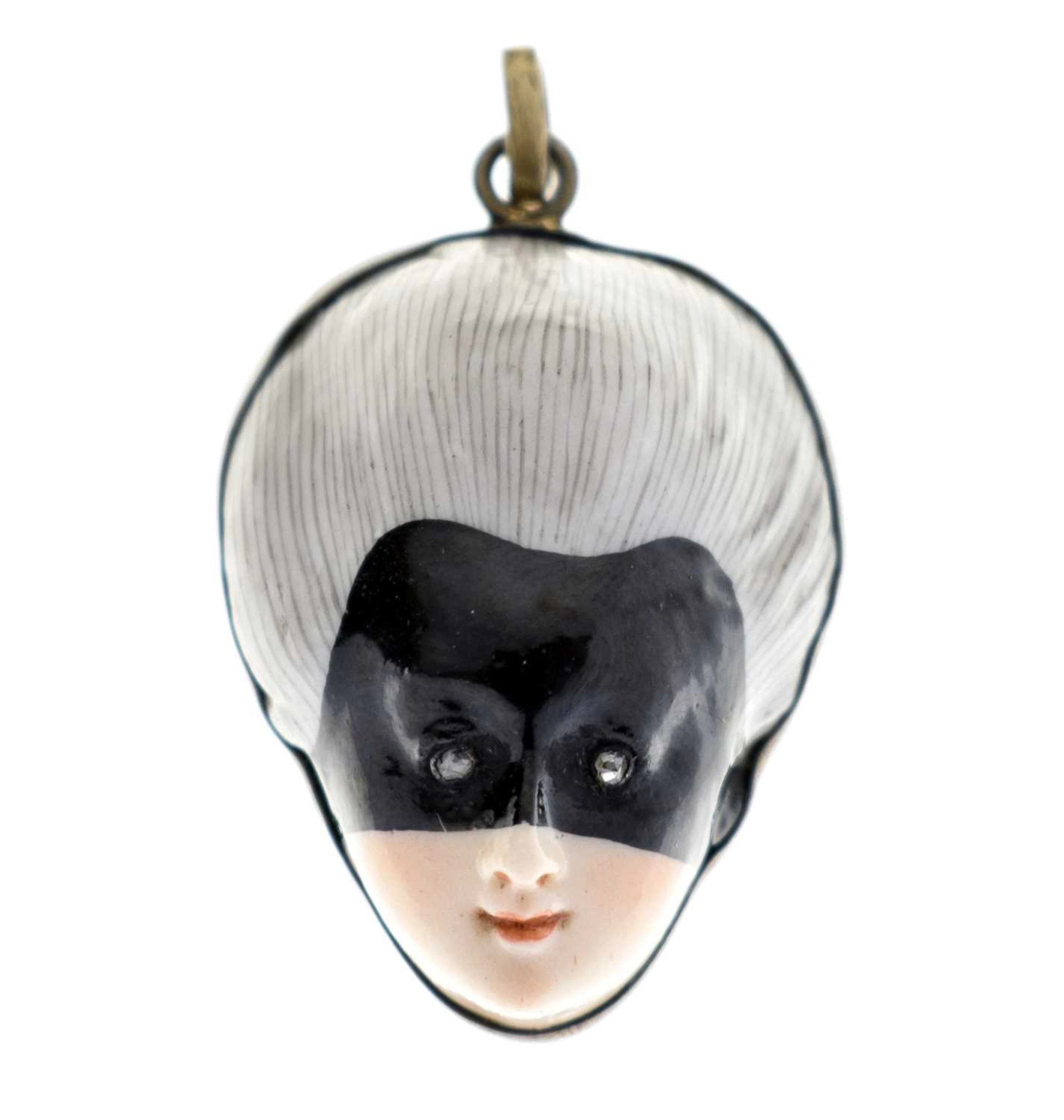 19th century French porcelain and diamond-set 'masked lady' pendant