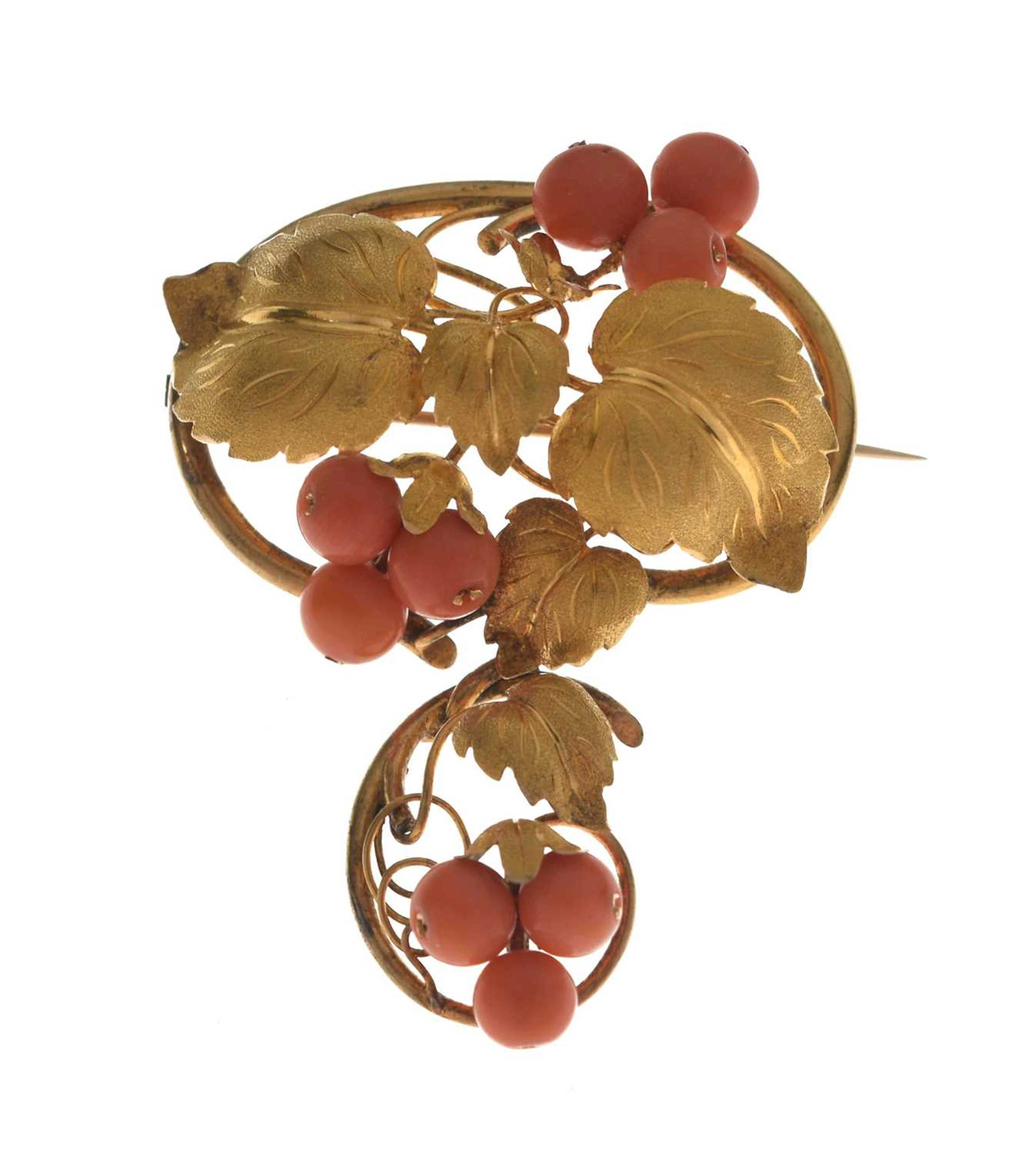 Mid Victorian coral unmarked yellow metal foliate brooch
