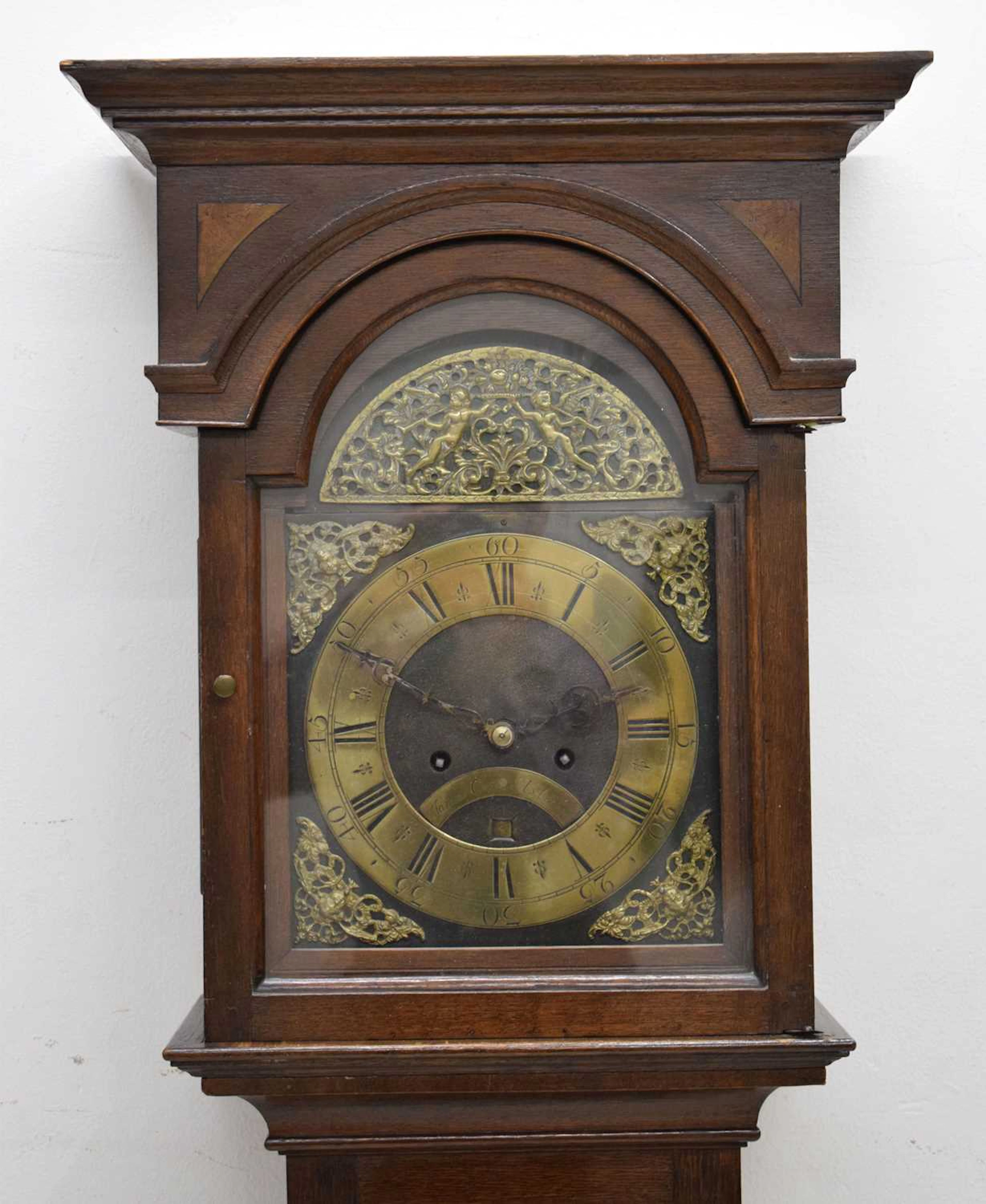 George III inlaid oak 8-day brass dial longcase clock, James Cuff, Axbridge