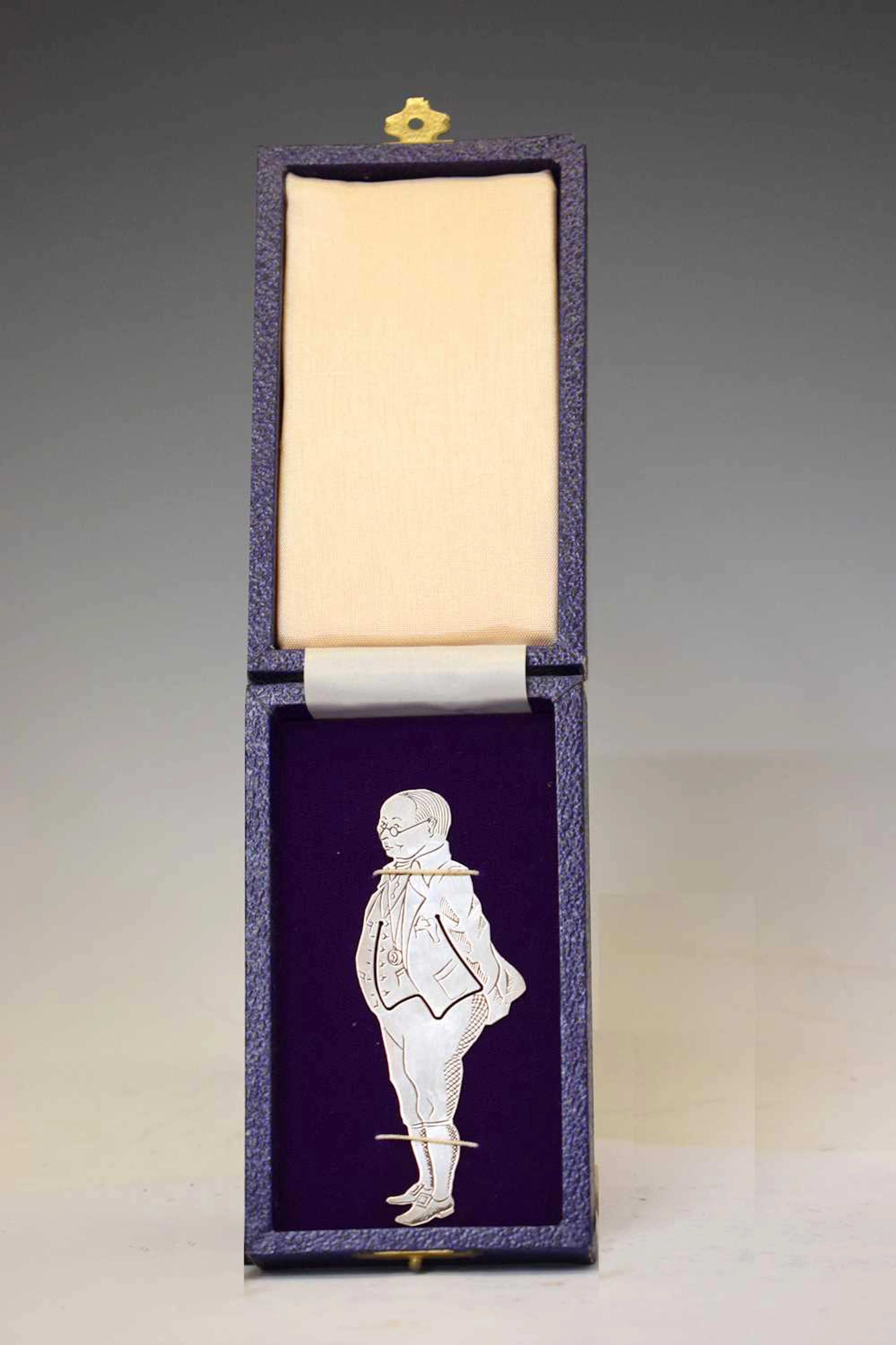 Elizabeth II silver novelty bookmark, in the form of Charles Dickens'