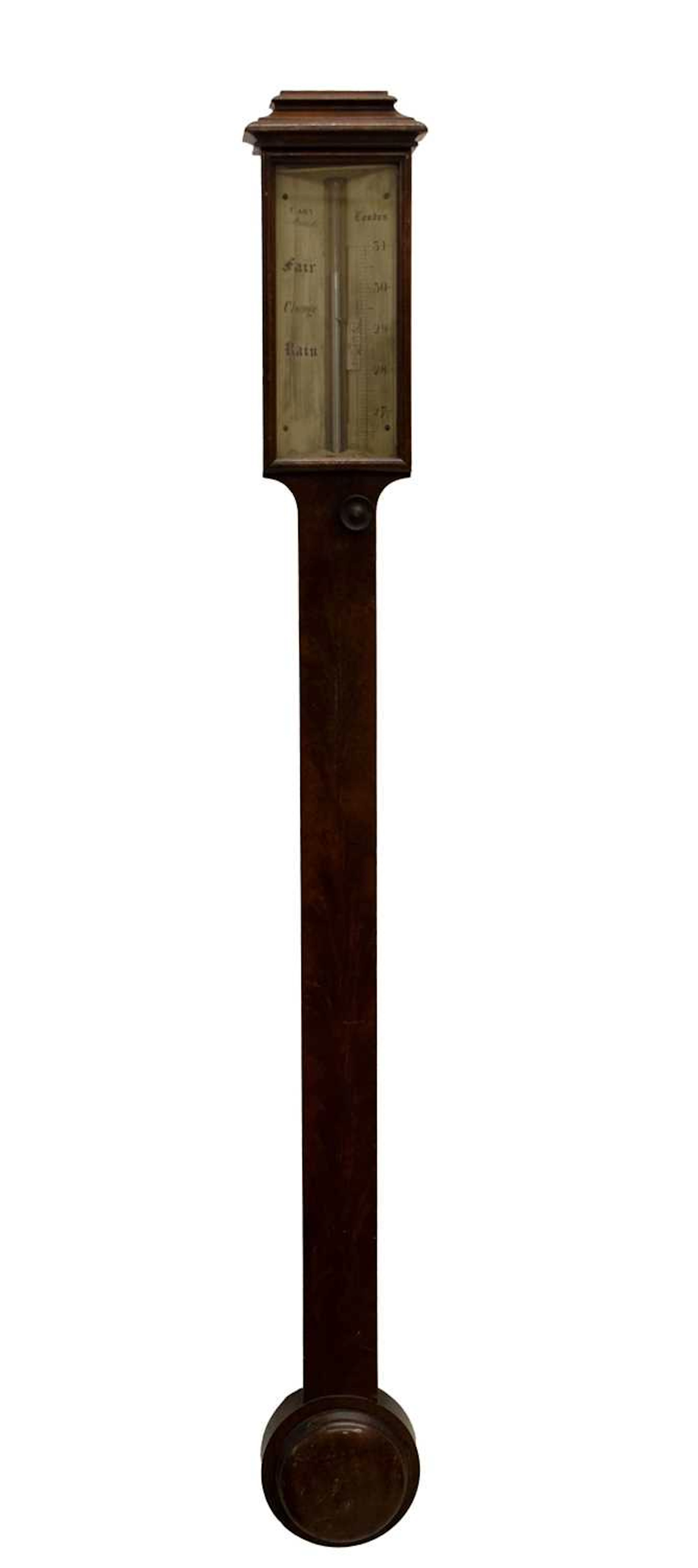 Second quarter 19th century figured mahogany stick barometer, Cary of London