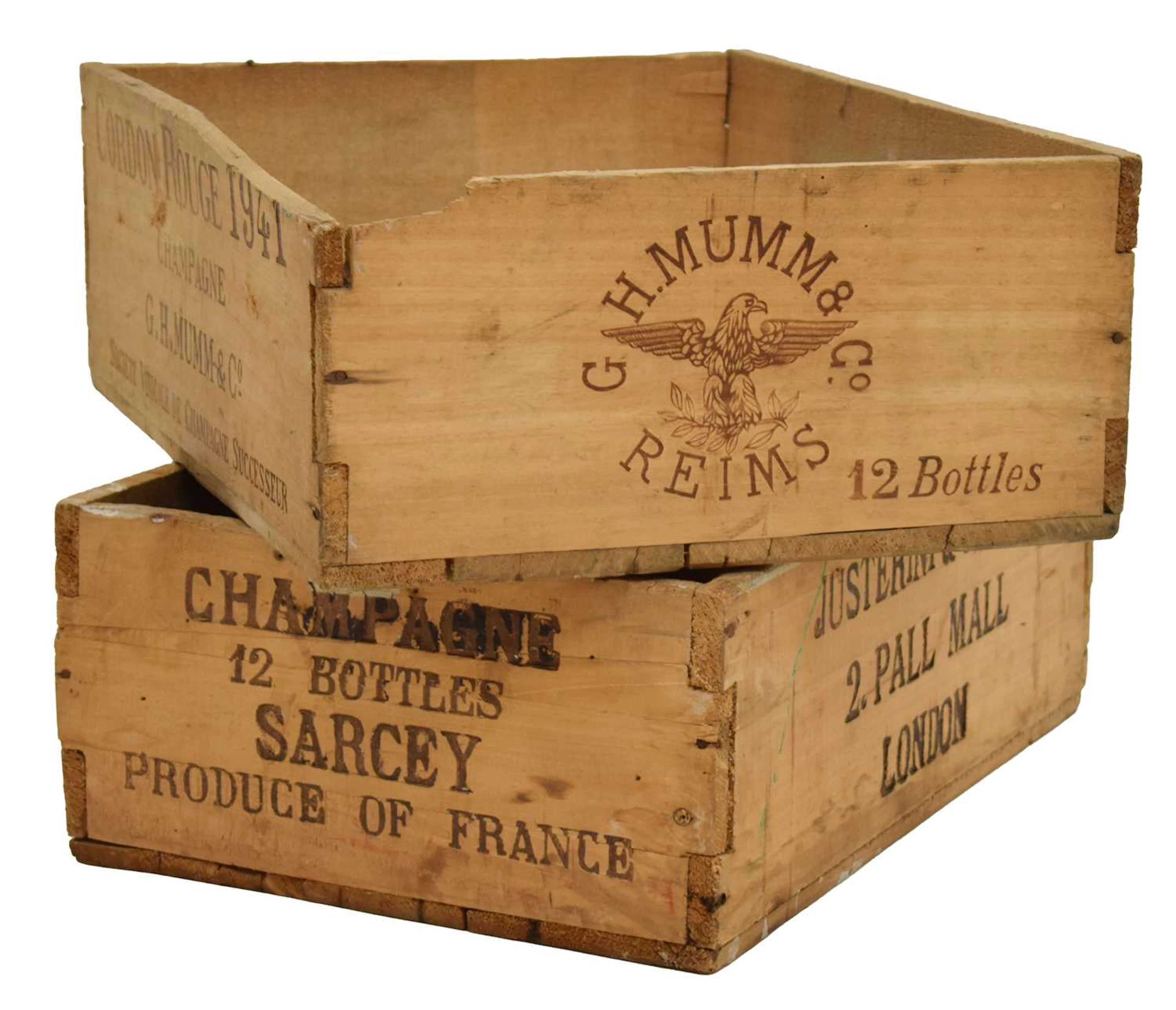 Two vintage wooden champagne crates