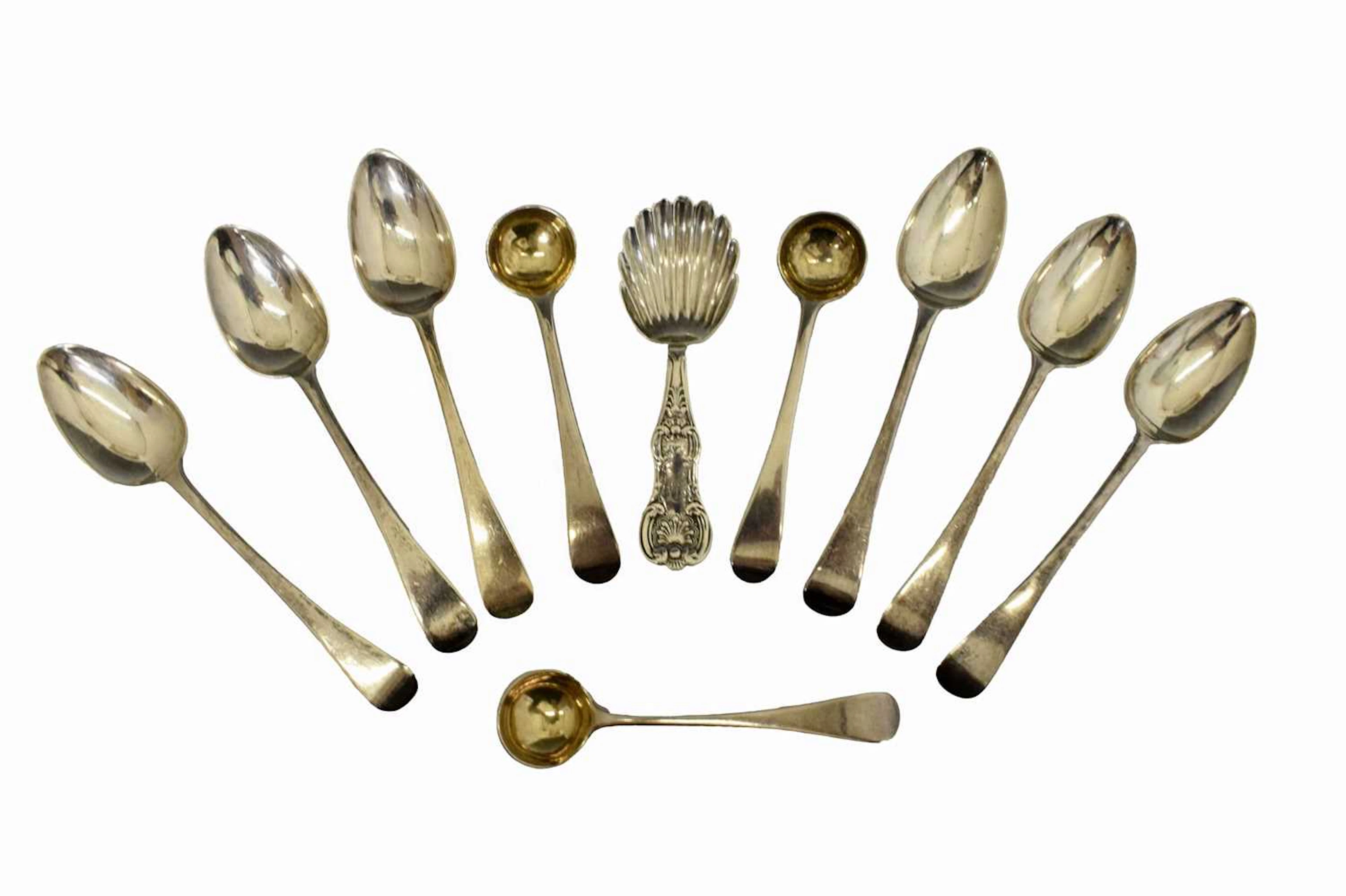 Victorian Scottish silver caddy spoon, and a collection of flatware