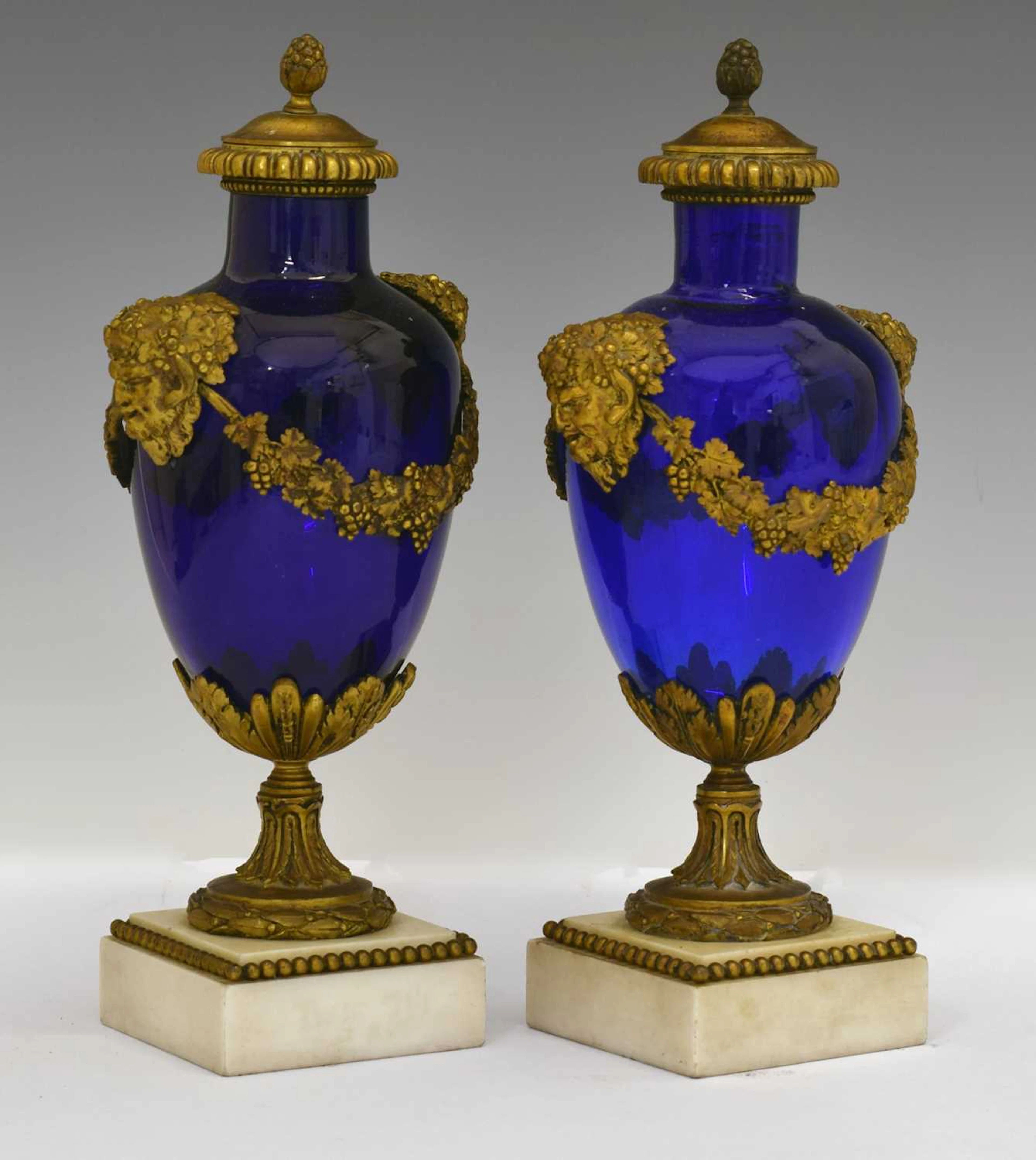 Pair of late 19th century French cobalt blue glass and ormolu mounted