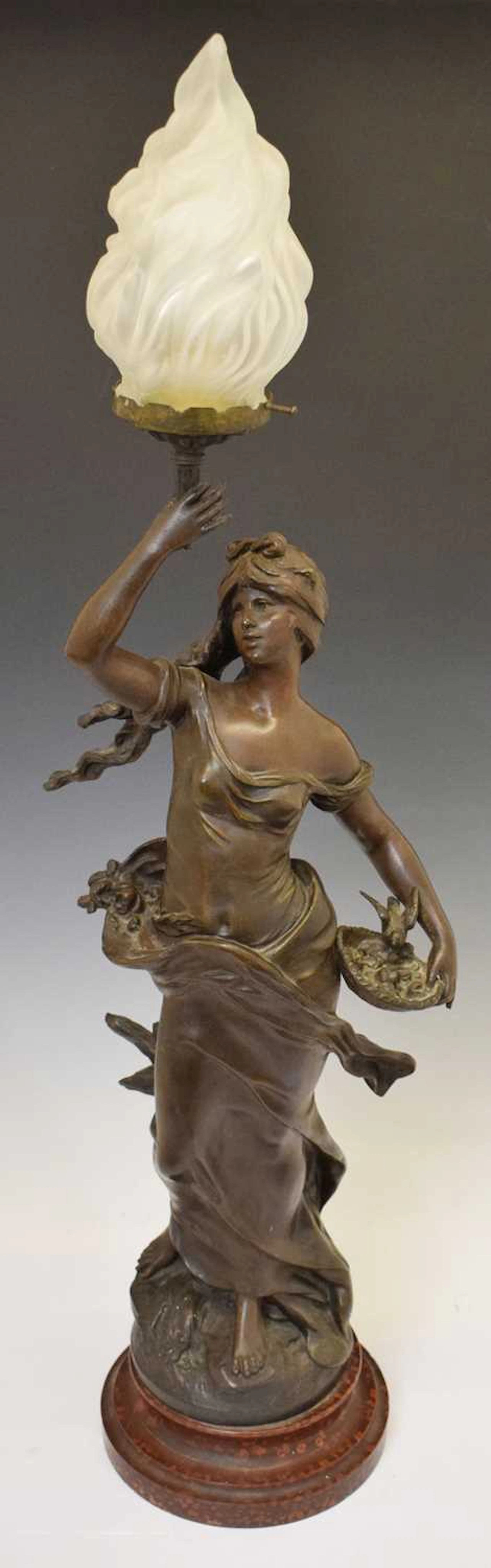 Large Art Nouveau bronzed spelter figural lamp formed as a maiden