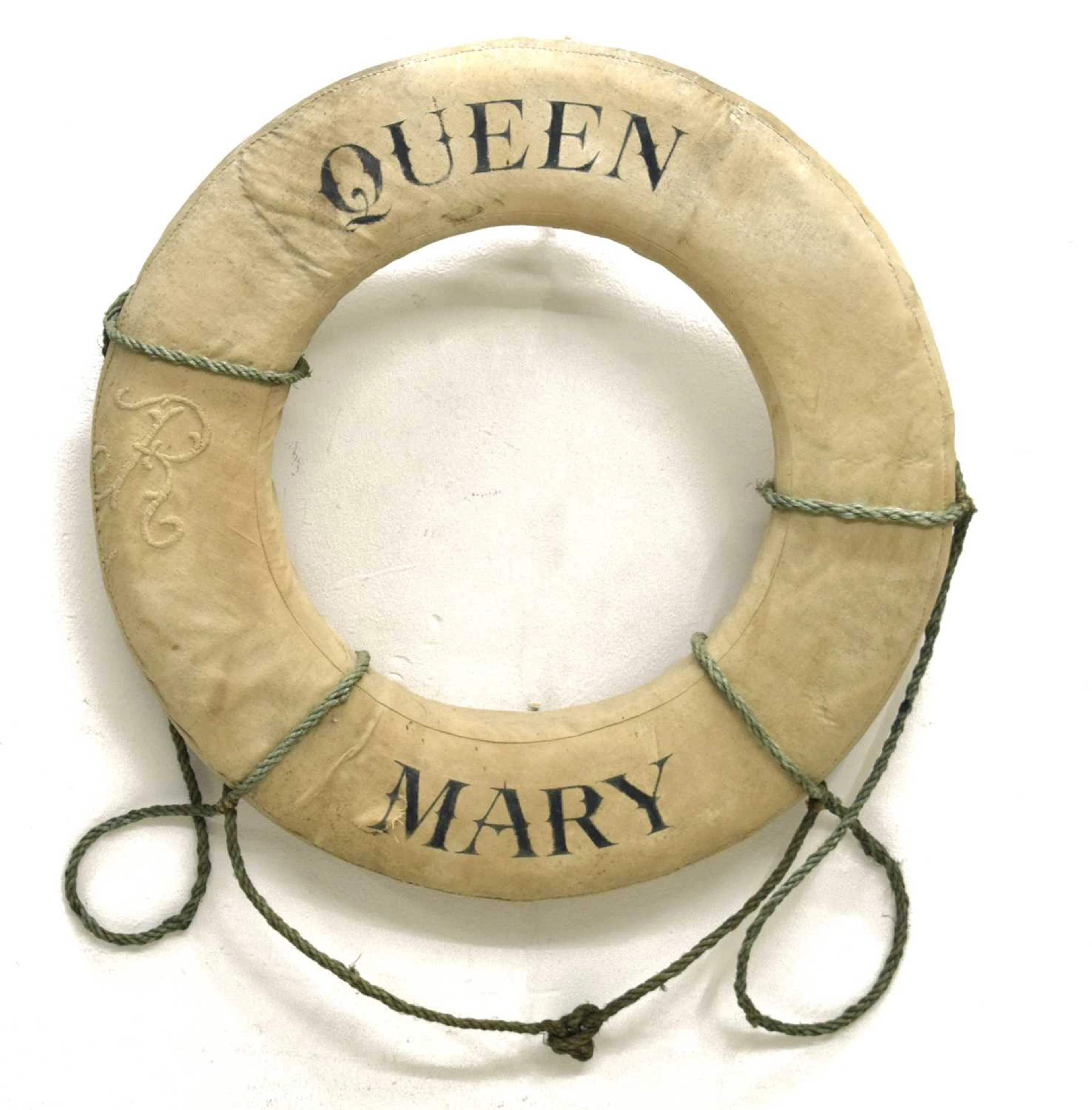 Vintage life ring, of typical form with cotton cover painted 'QUEEN MARY'