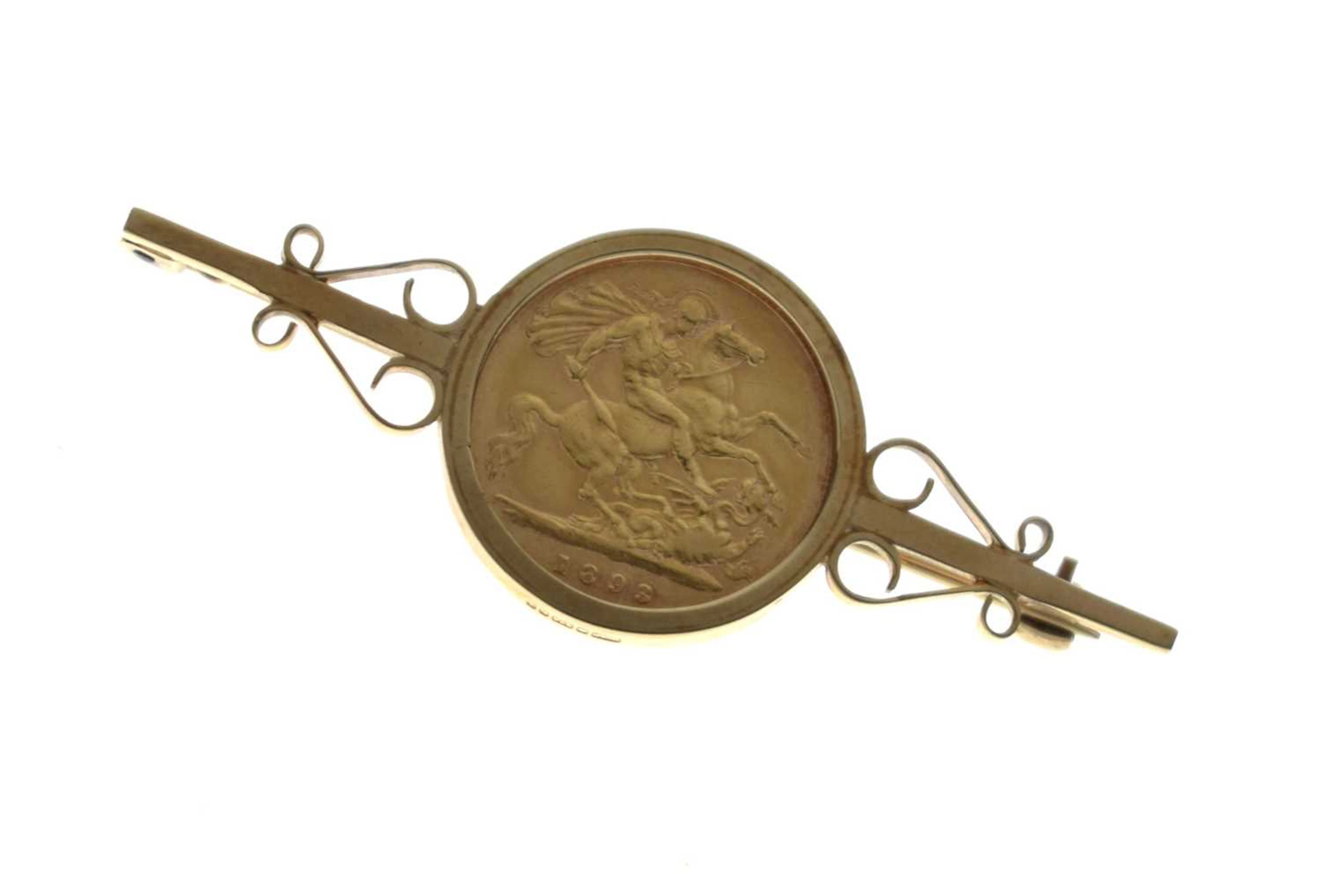 Victoria gold half sovereign, 1893, in a 9ct gold coin mount brooch