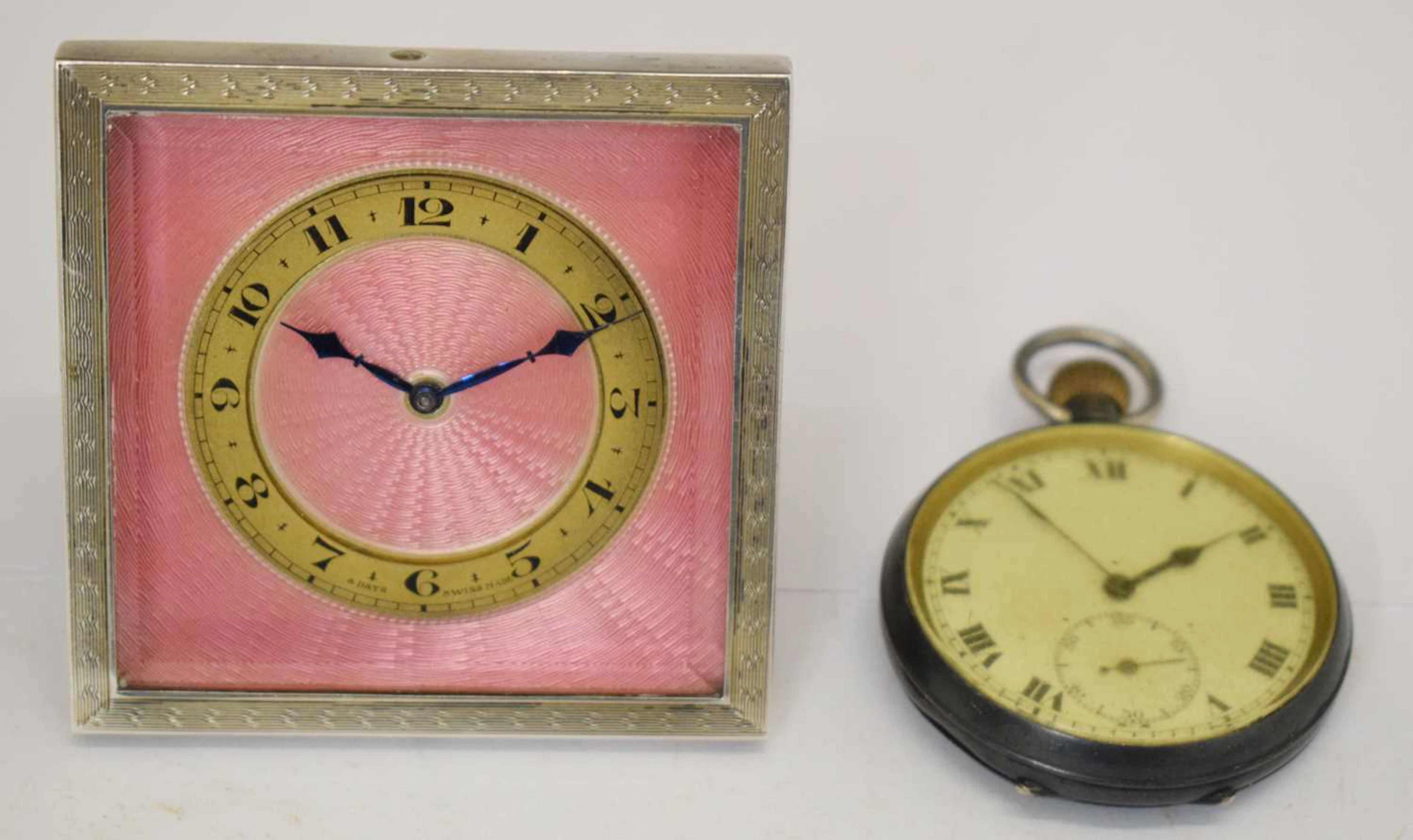 George V Art Deco silver and pink guilloche enamel desk clock, and