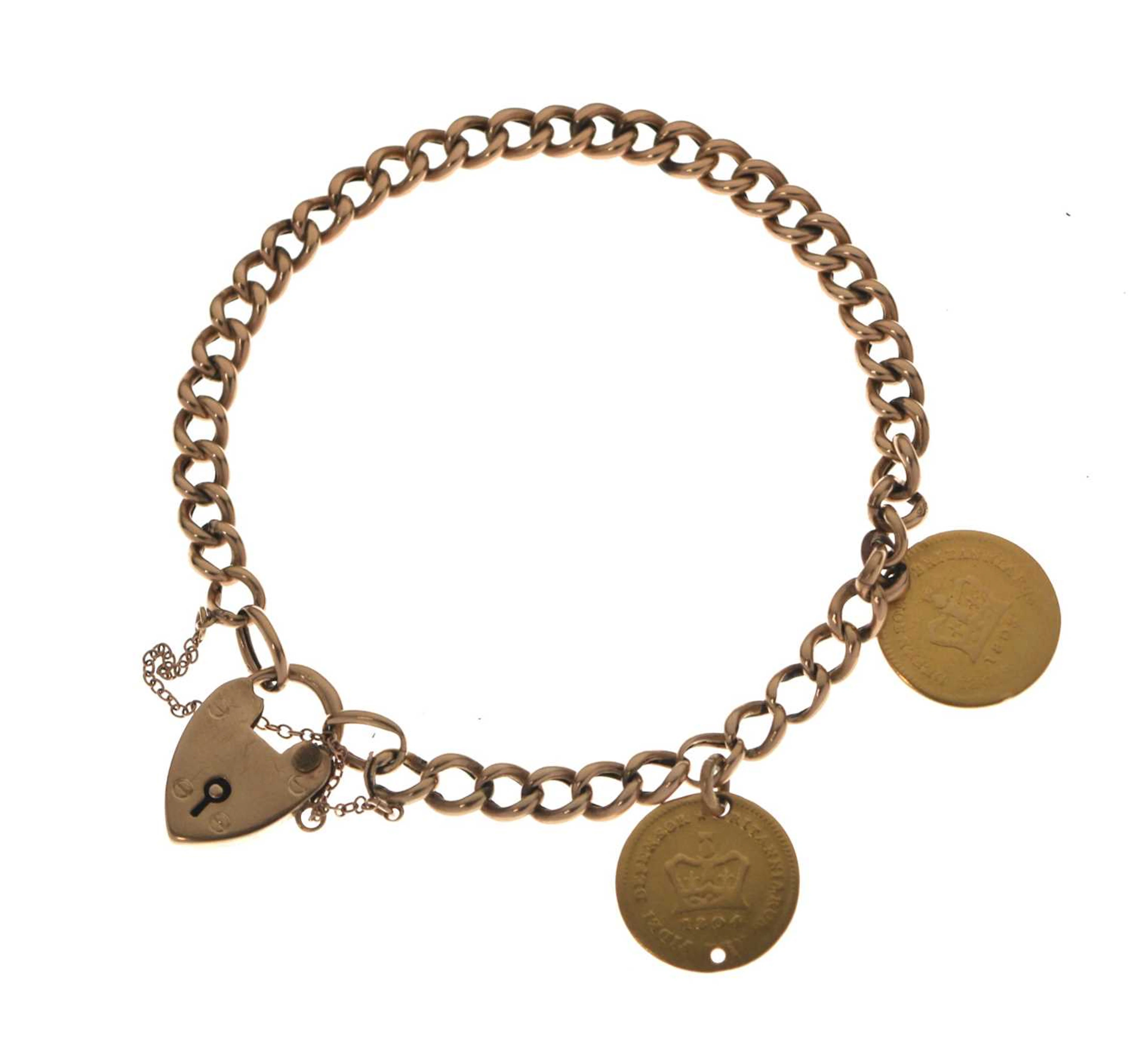 9ct gold curb link bracelet, having two George III Third-Guinea gold coins