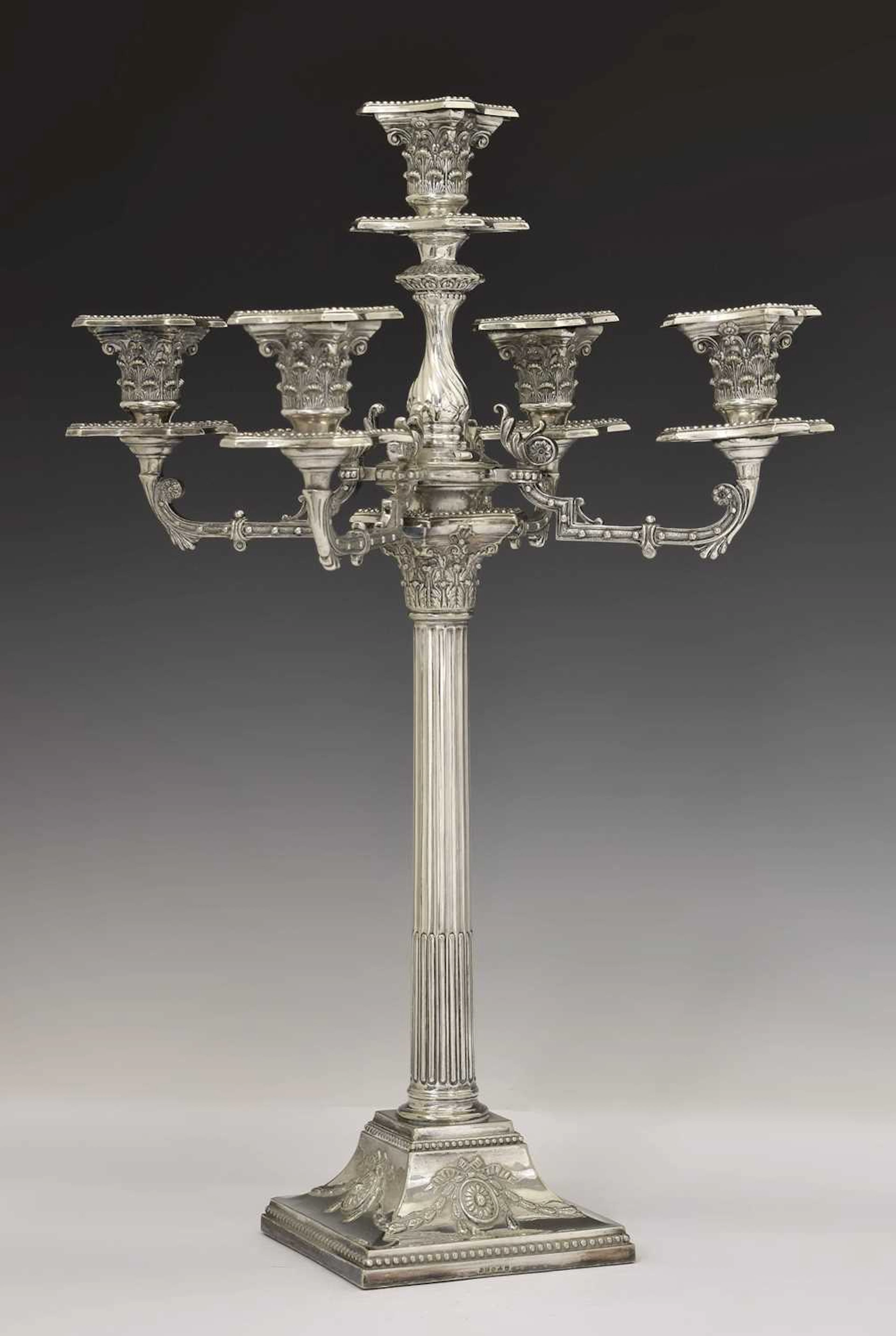 Victorian silver plated four branch, five light table candelabrum