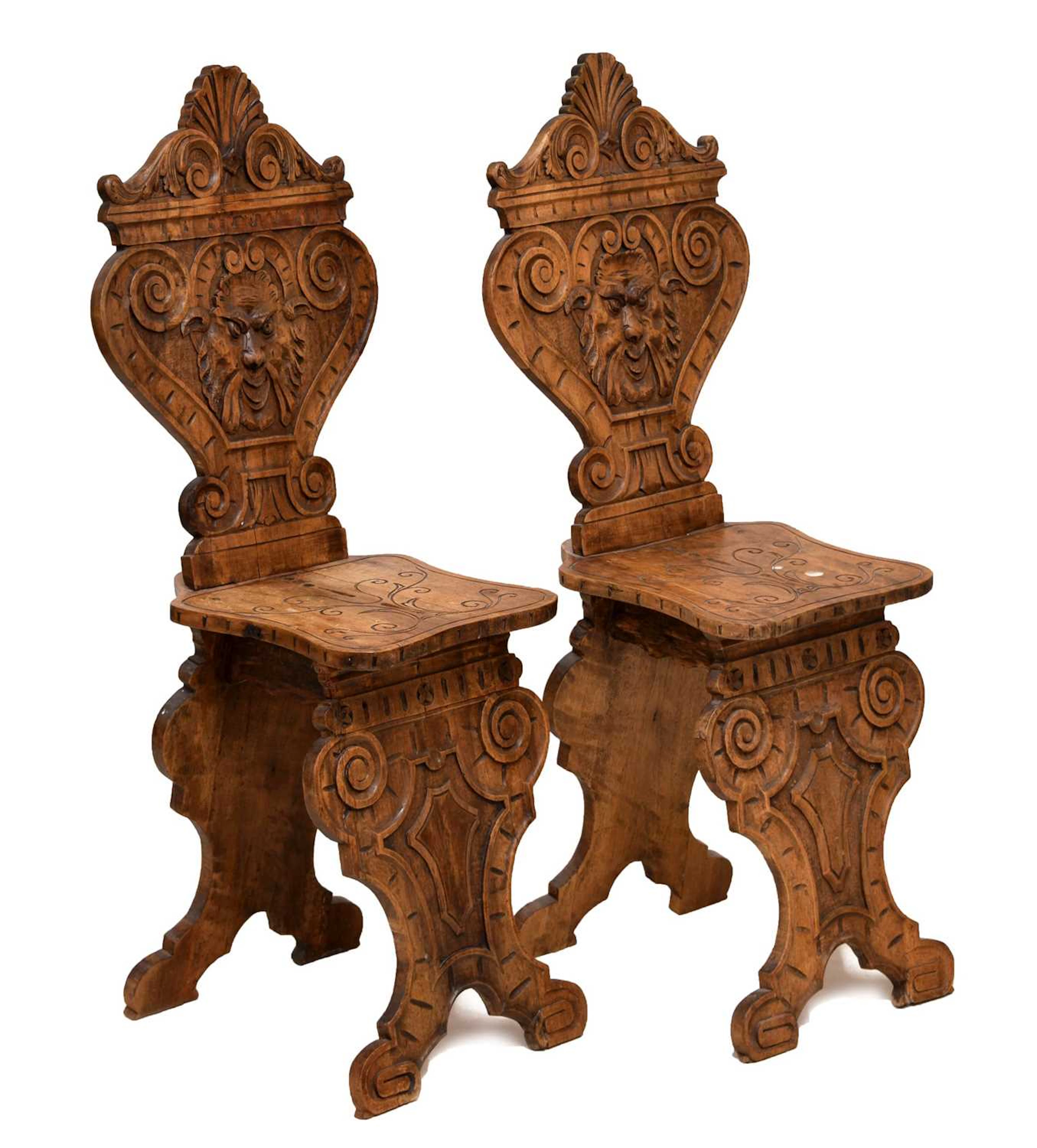 Pair of Italian carved limewood sgabello chairs