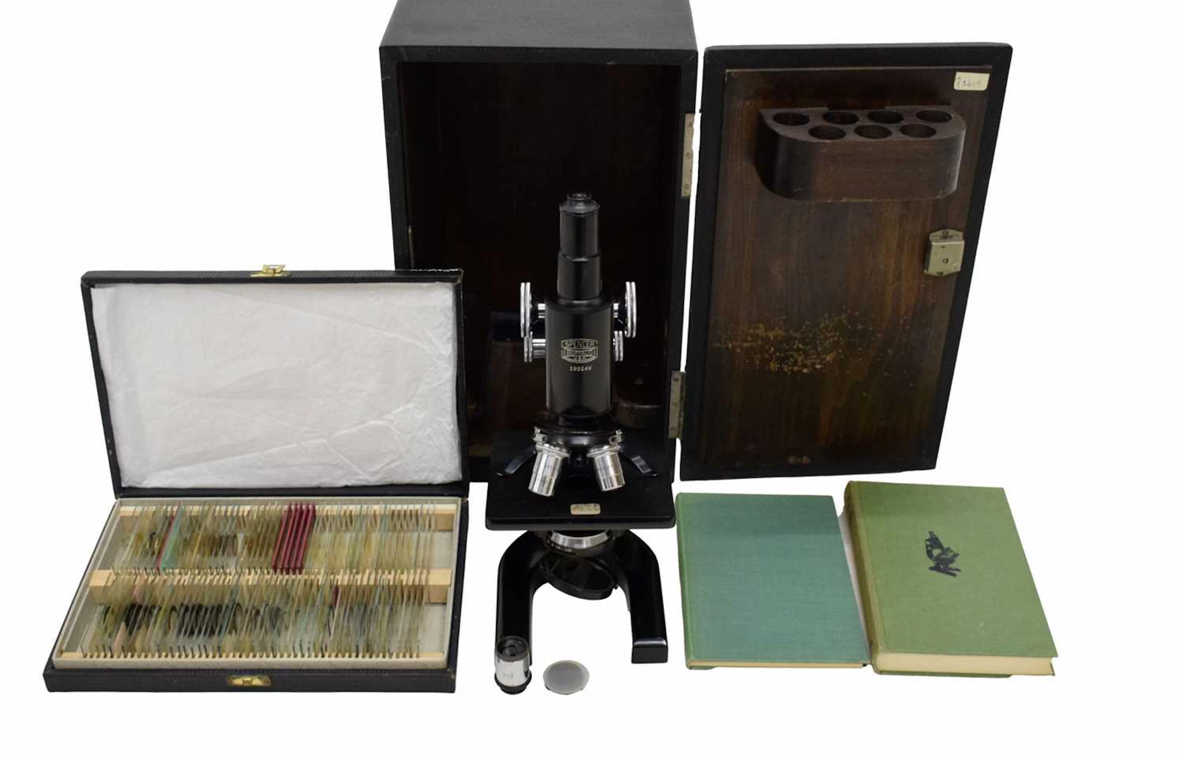 Spencer Buffalo cased microscope and glass specimen slides