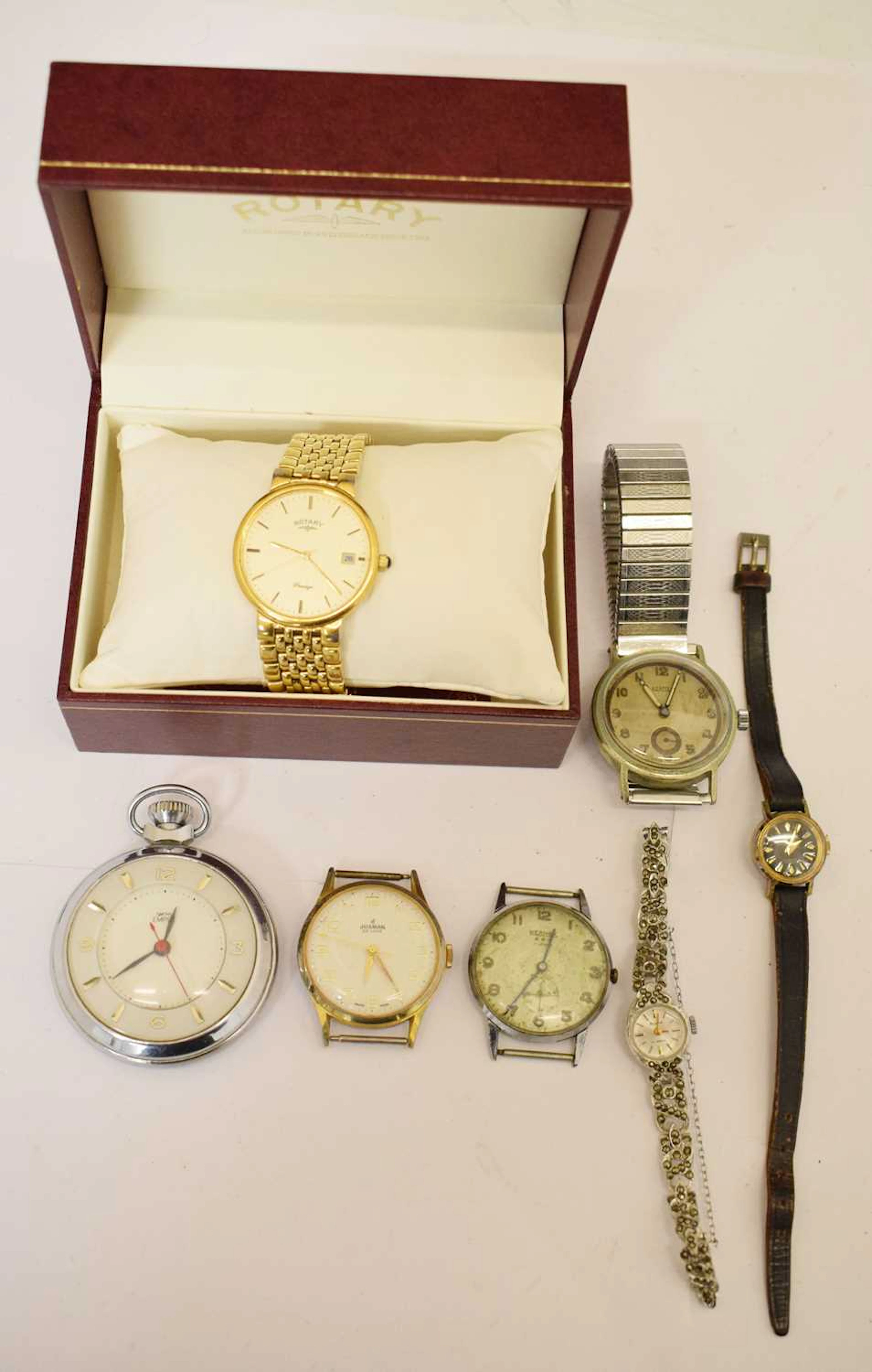 Assorted wristwatches including plated Rotary, Roamer, Smiths pocket watch etc