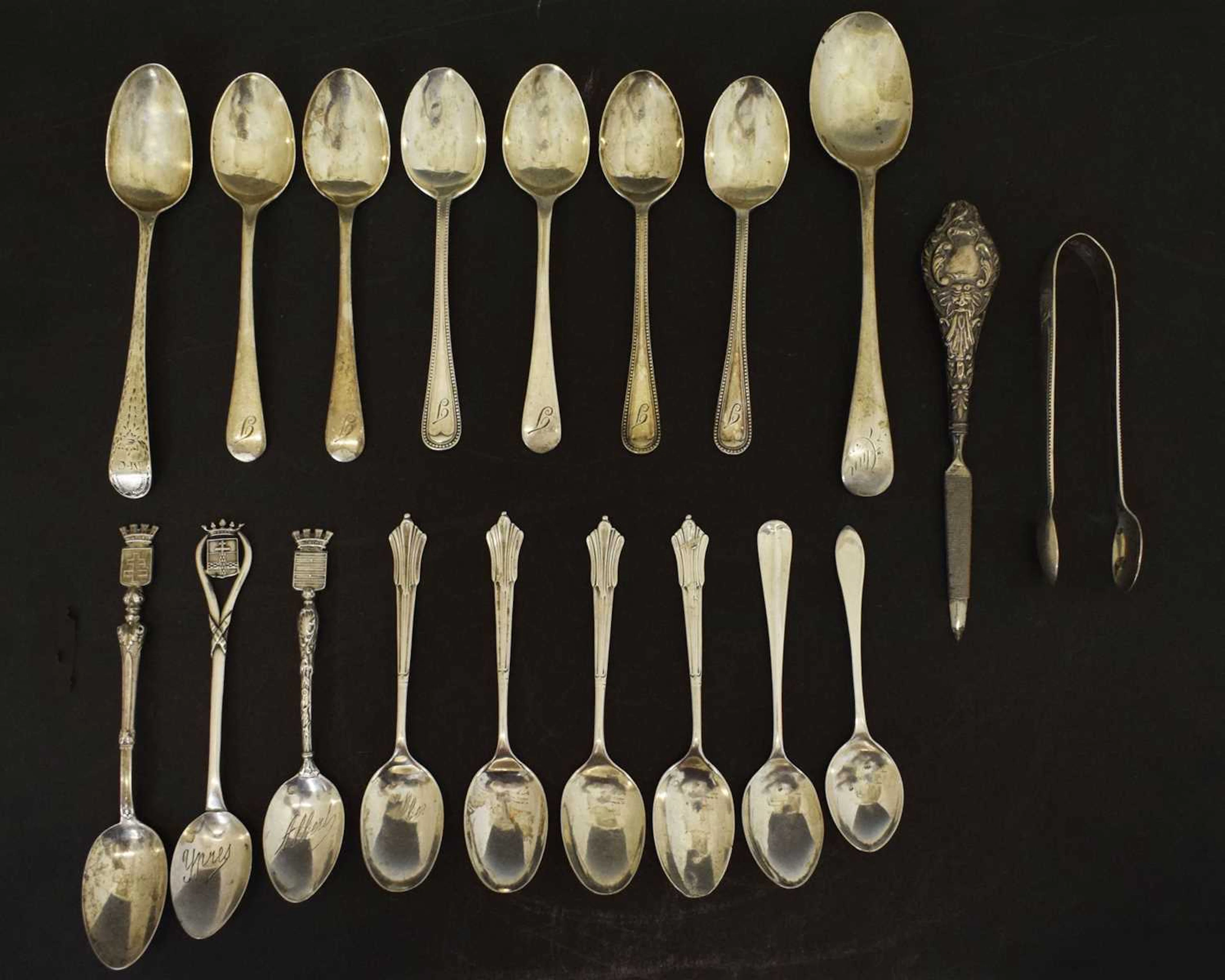Collection of silver and white-metal teaspoons, etc