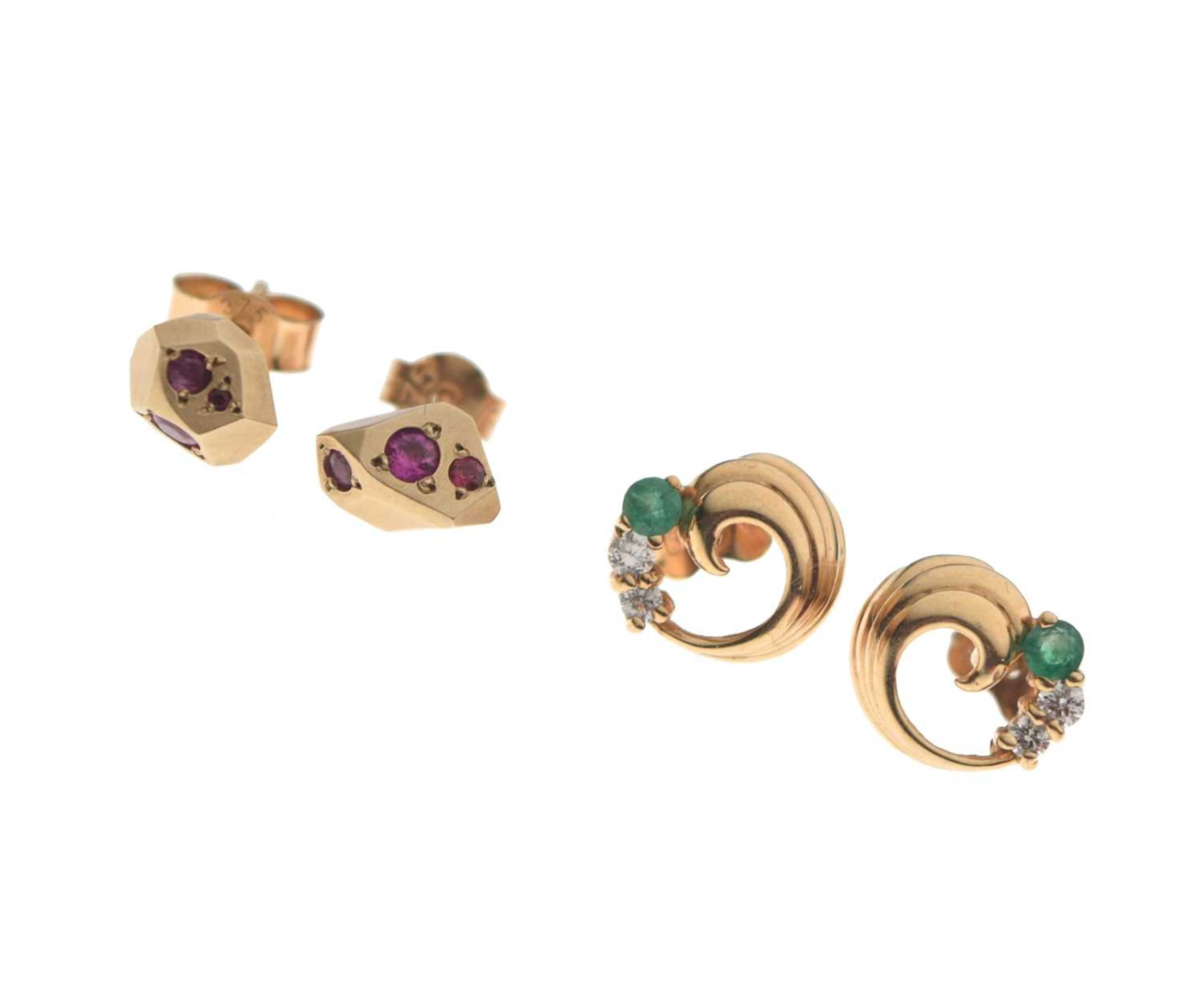 Two pairs of 9ct gold gem set earrings