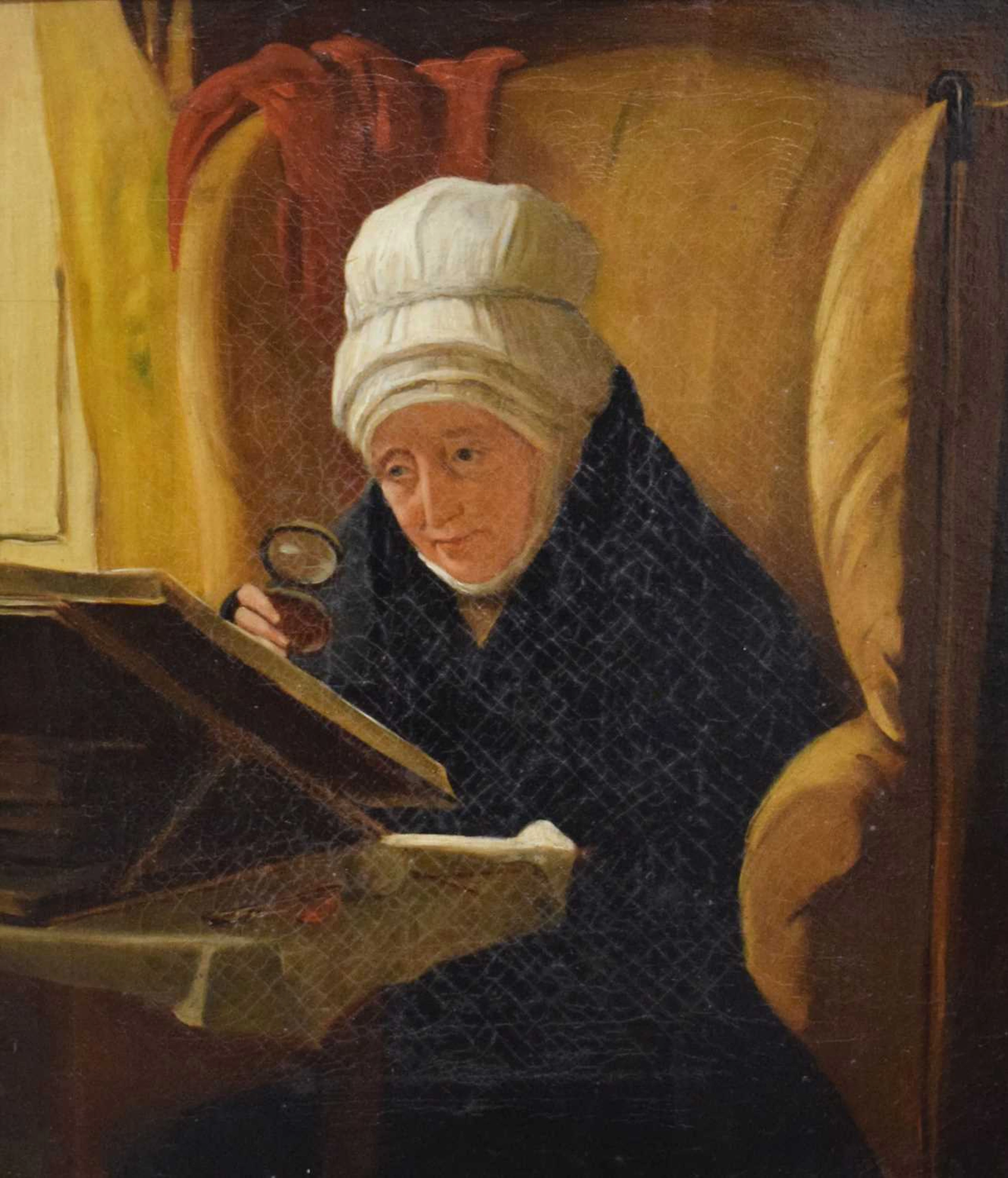 19th century oil on canvas - Lady with magnifying glass
