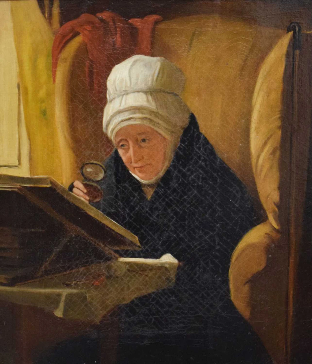19th century oil on canvas - Lady with magnifying glass