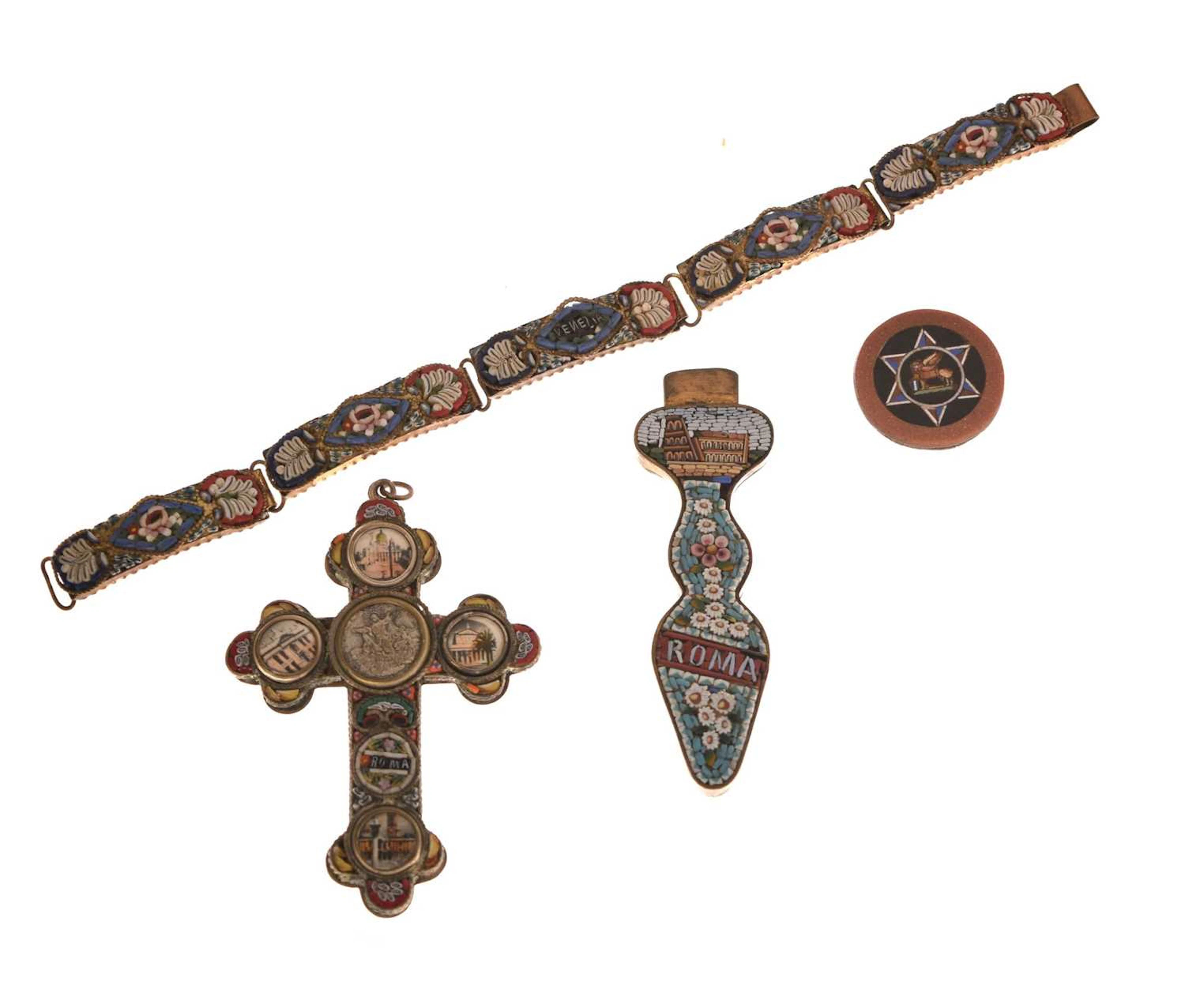Four pieces of Italian micro mosaic - Roma cross and trowel, Venezia