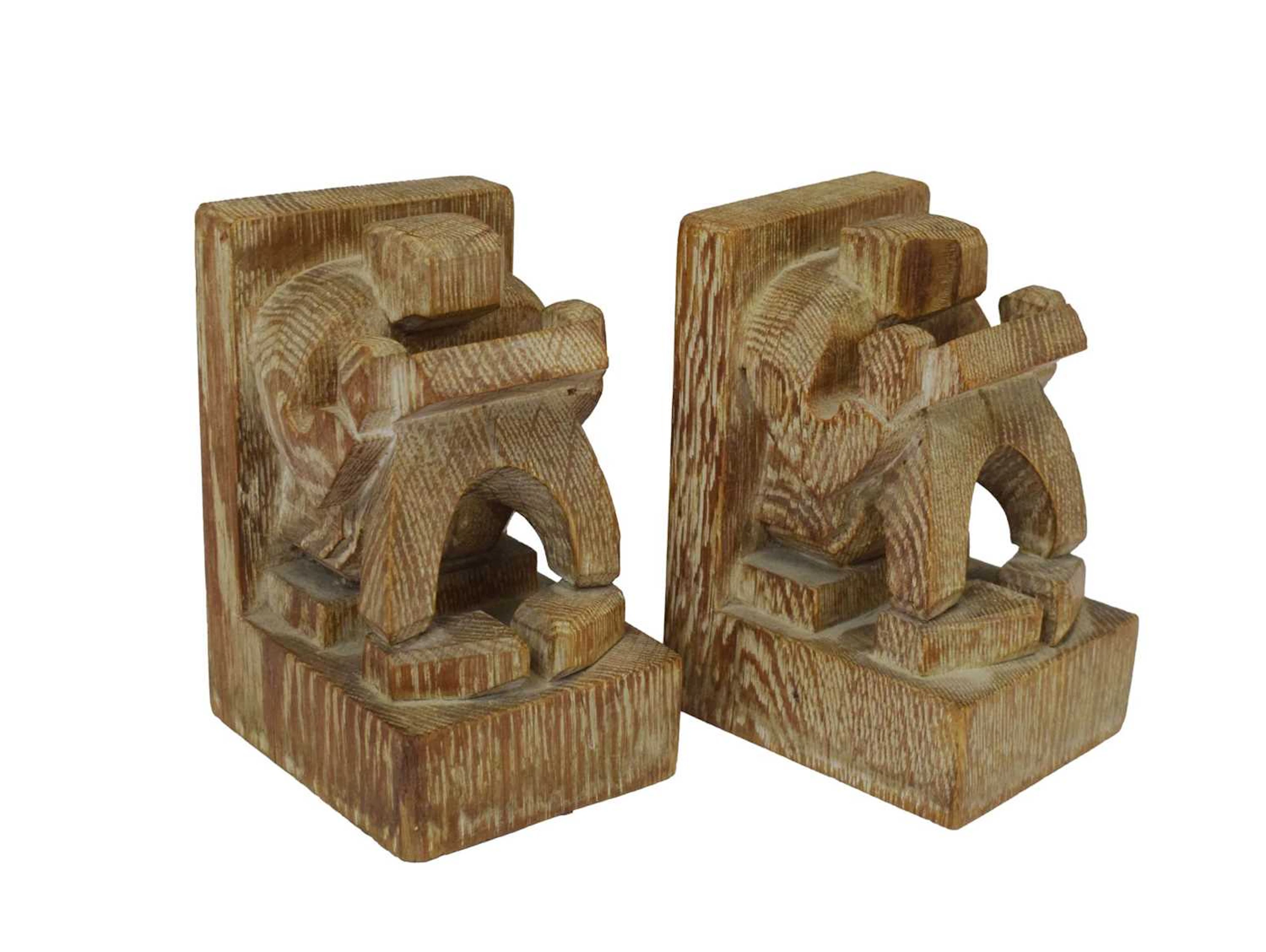 Pair of early-mid 20th century cubist-style limed oak carved bookends