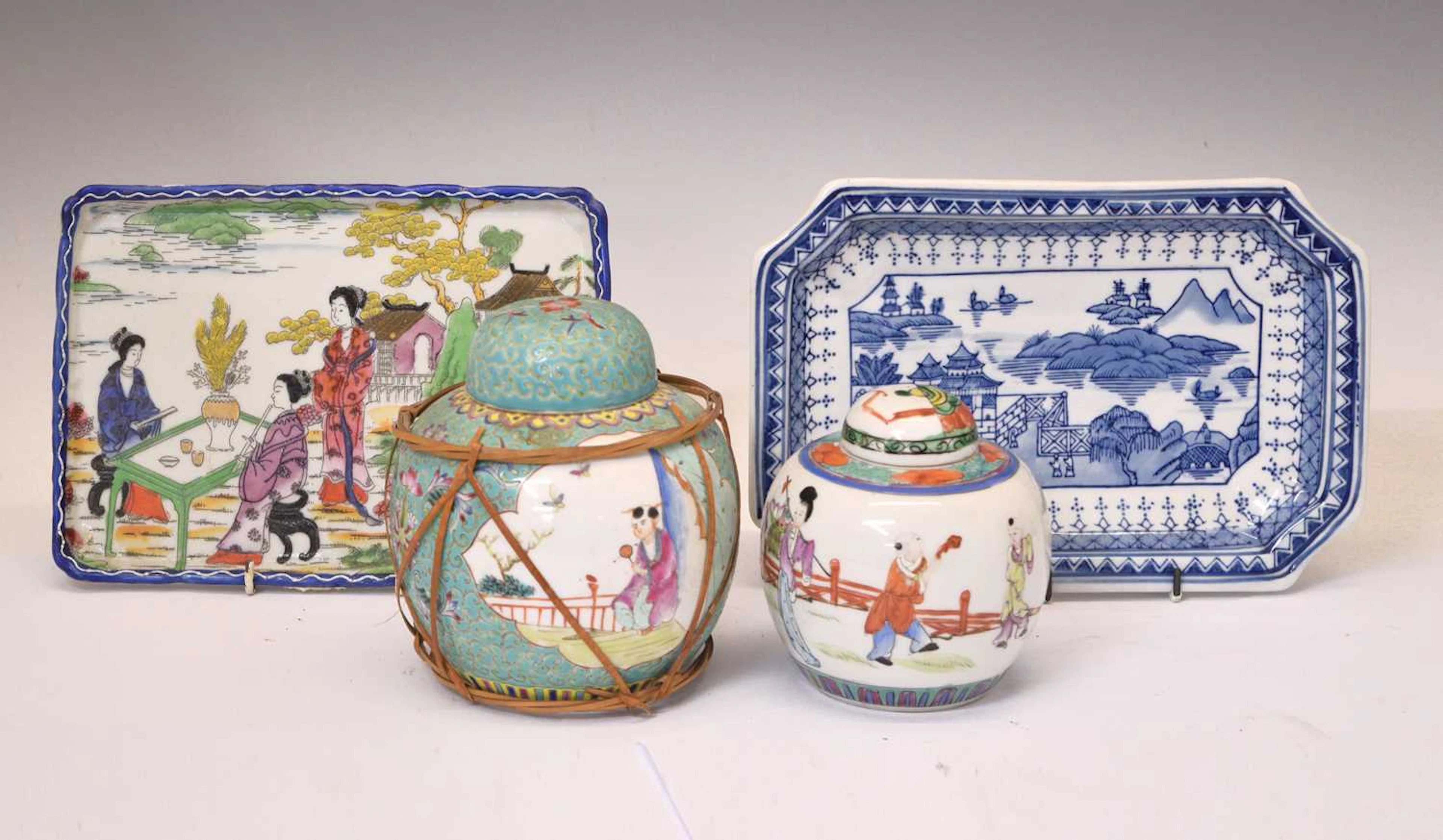 Two Chinese porcelain ginger jars, Japanese tray and blue & white tray