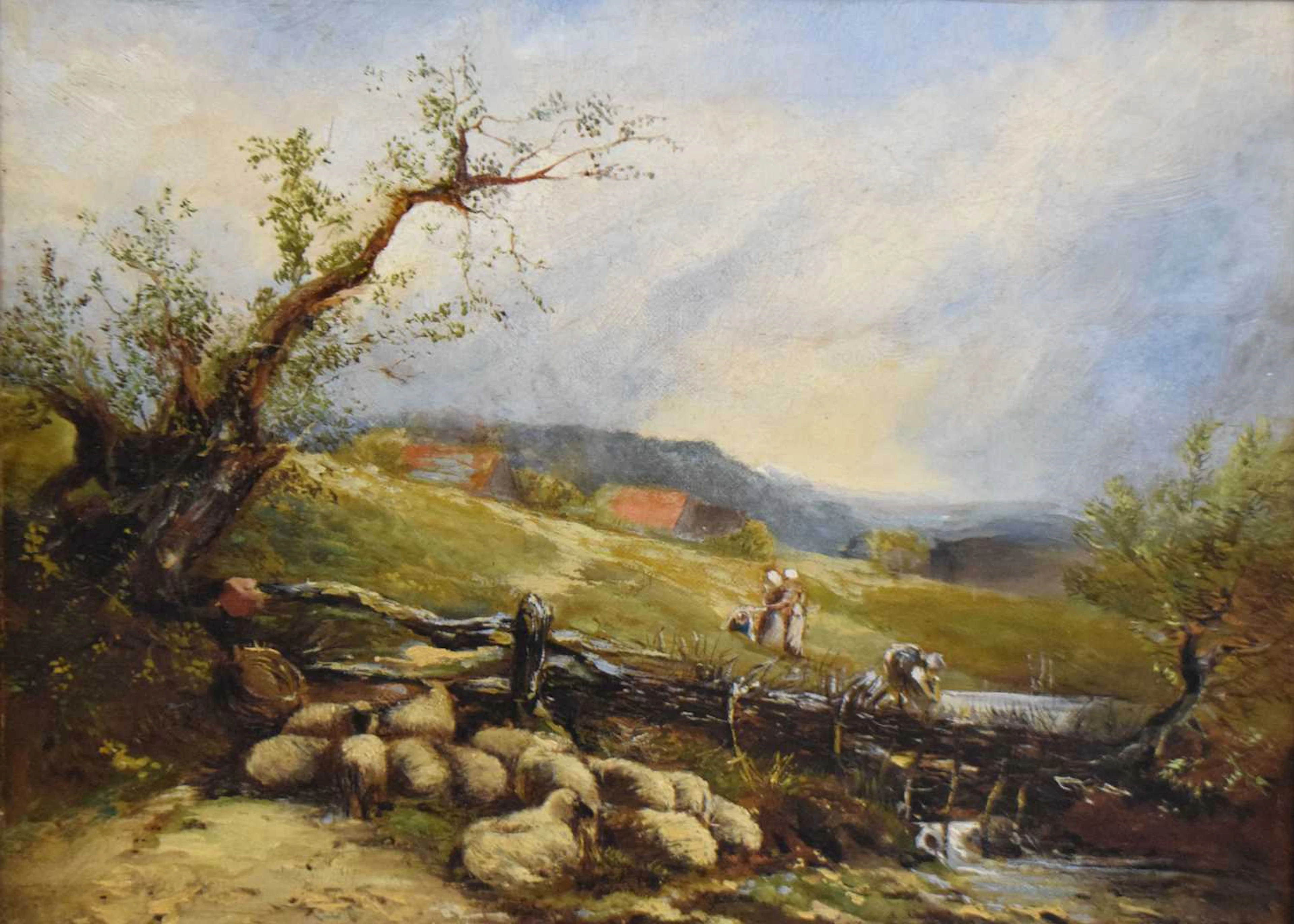 Scottish School, mid 19th century - Oil on canvas - Figures and flock of sheep