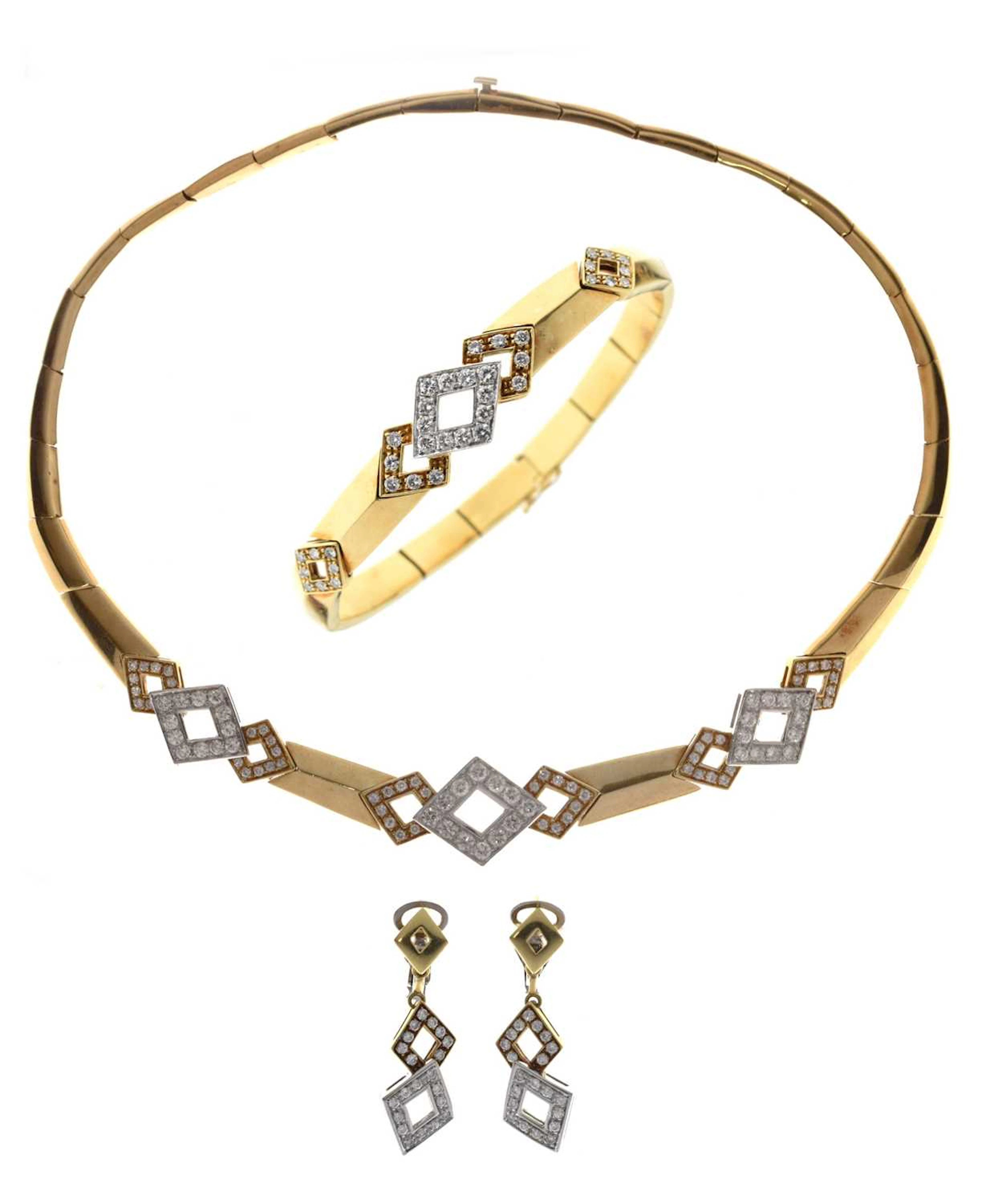 Diamond 18ct yellow and white gold suite comprising necklace, bracelet