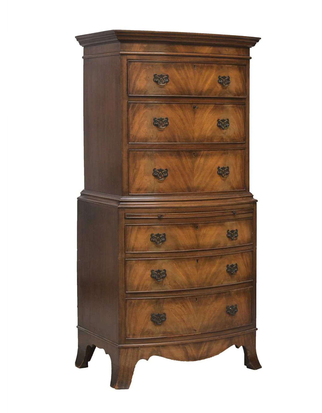 20th century walnut bowfront chest on chest or tallboy