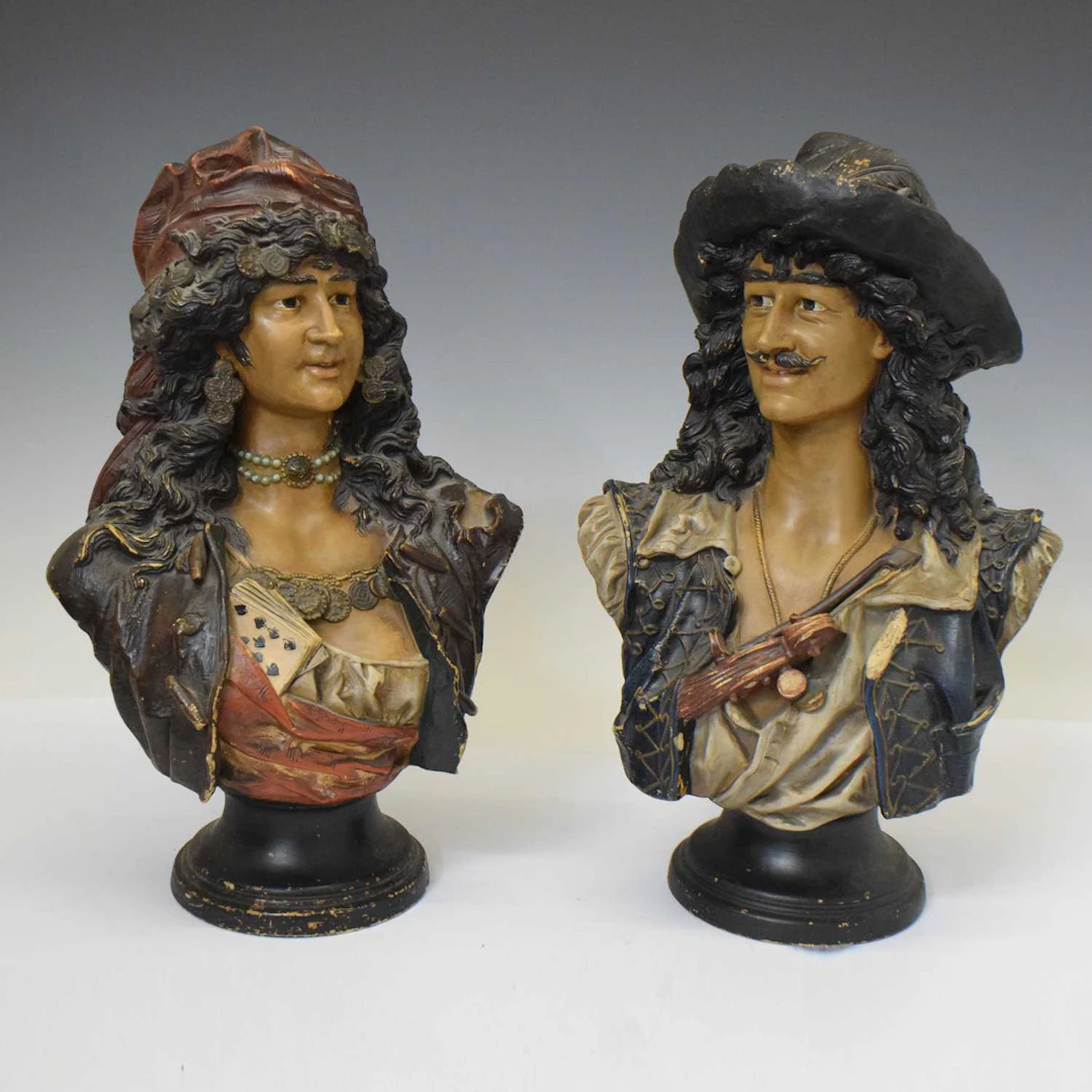 Pair of early 20th century Austrian painted terracotta busts