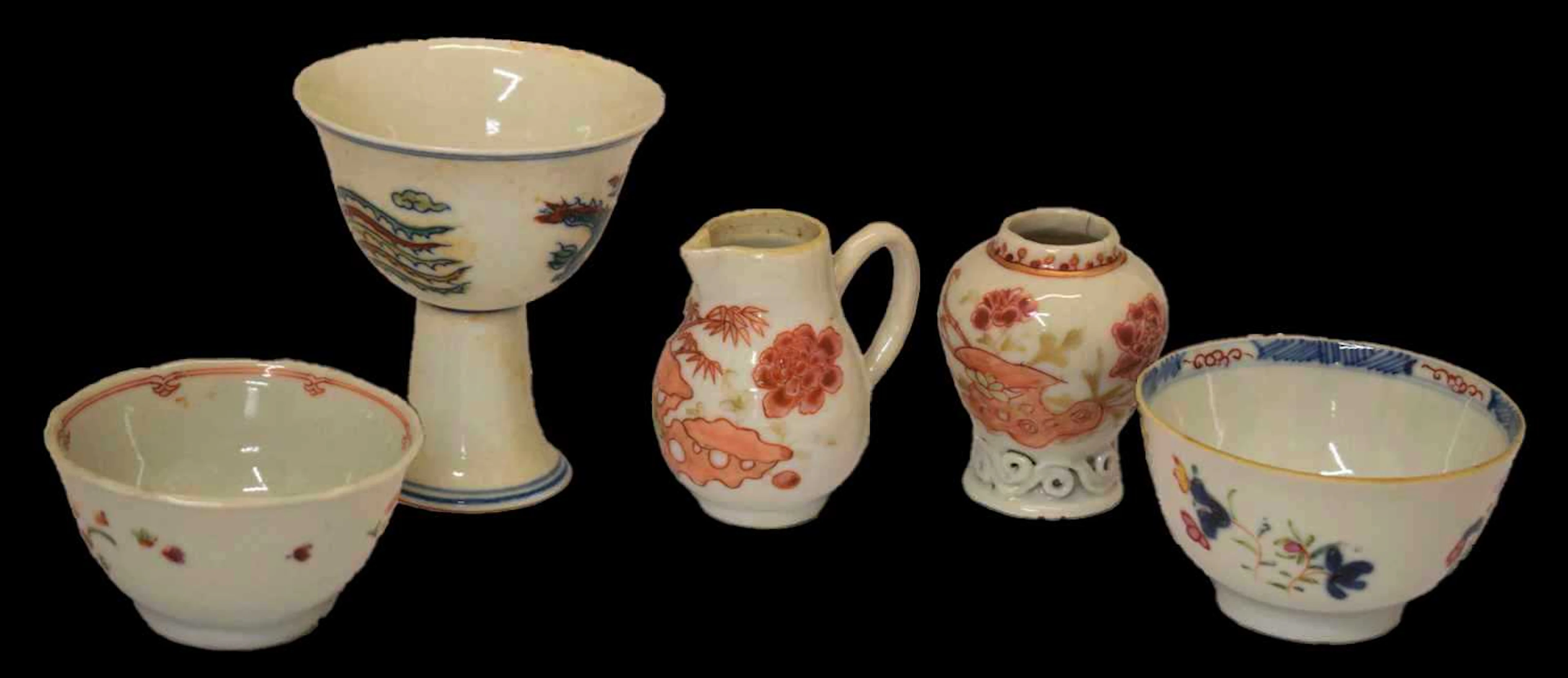 Chinese porcelain stem cup, Jesuit vase, sparrow beak jug, and two teabowls