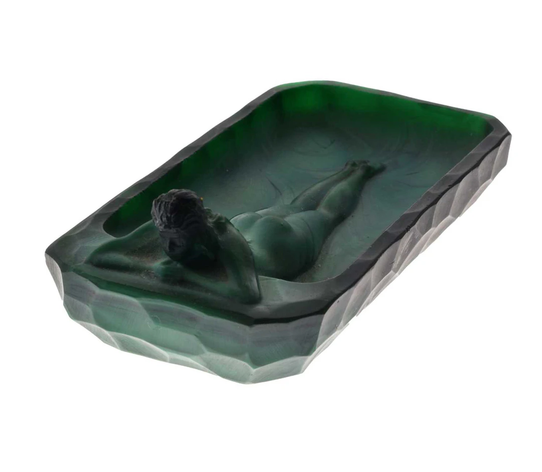 Art Deco green malachire glass pin dish