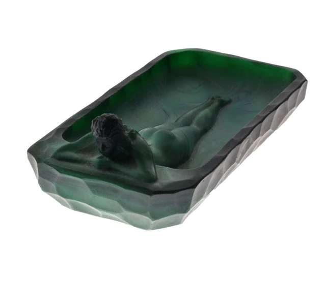 Art Deco green malachite glass pin dish