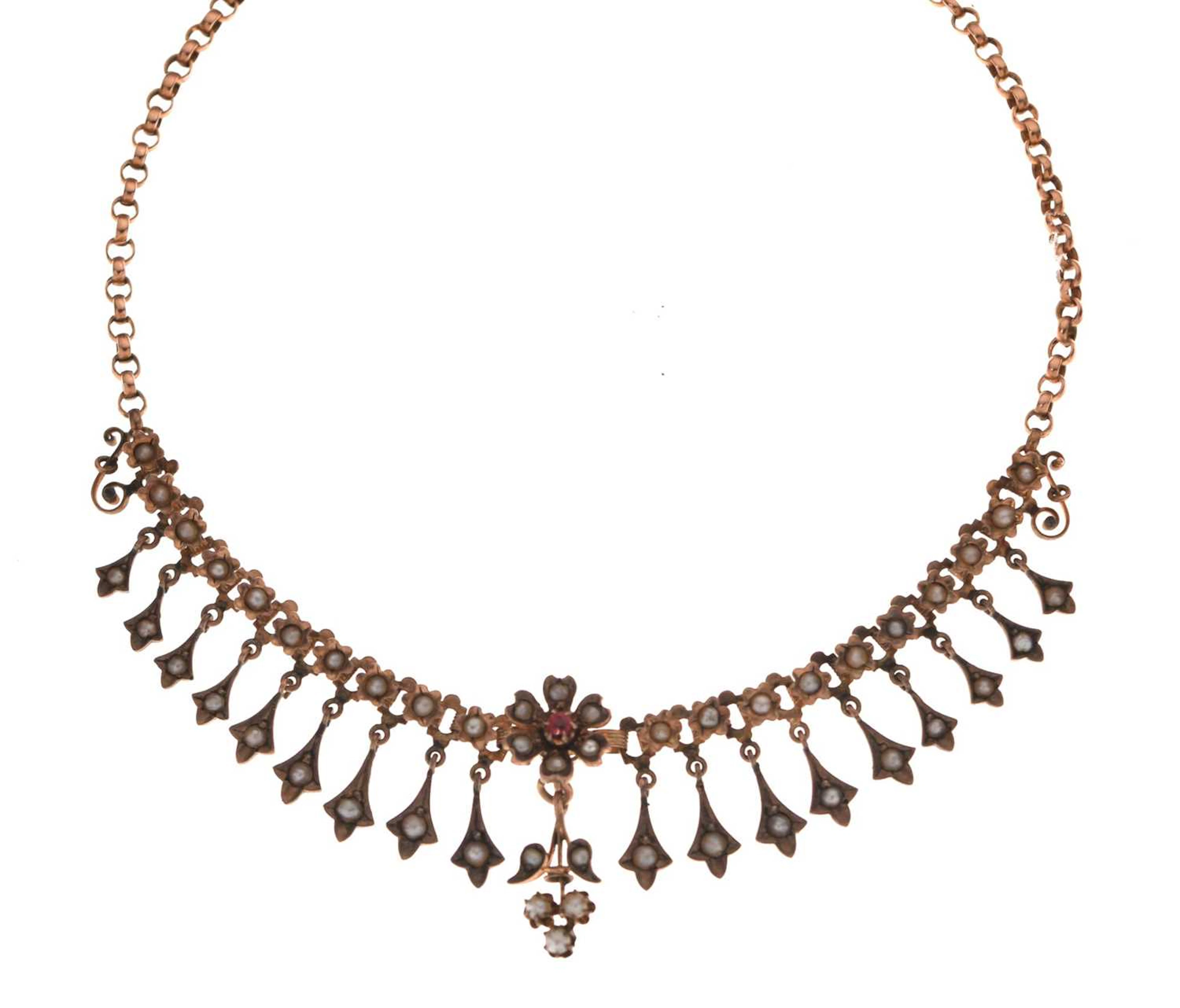 Early 20th century German seed pearl fringed yellow metal necklace