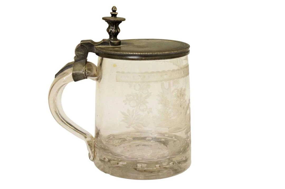 19th century Bohemian etched glass and pewter mounted lidded tankard