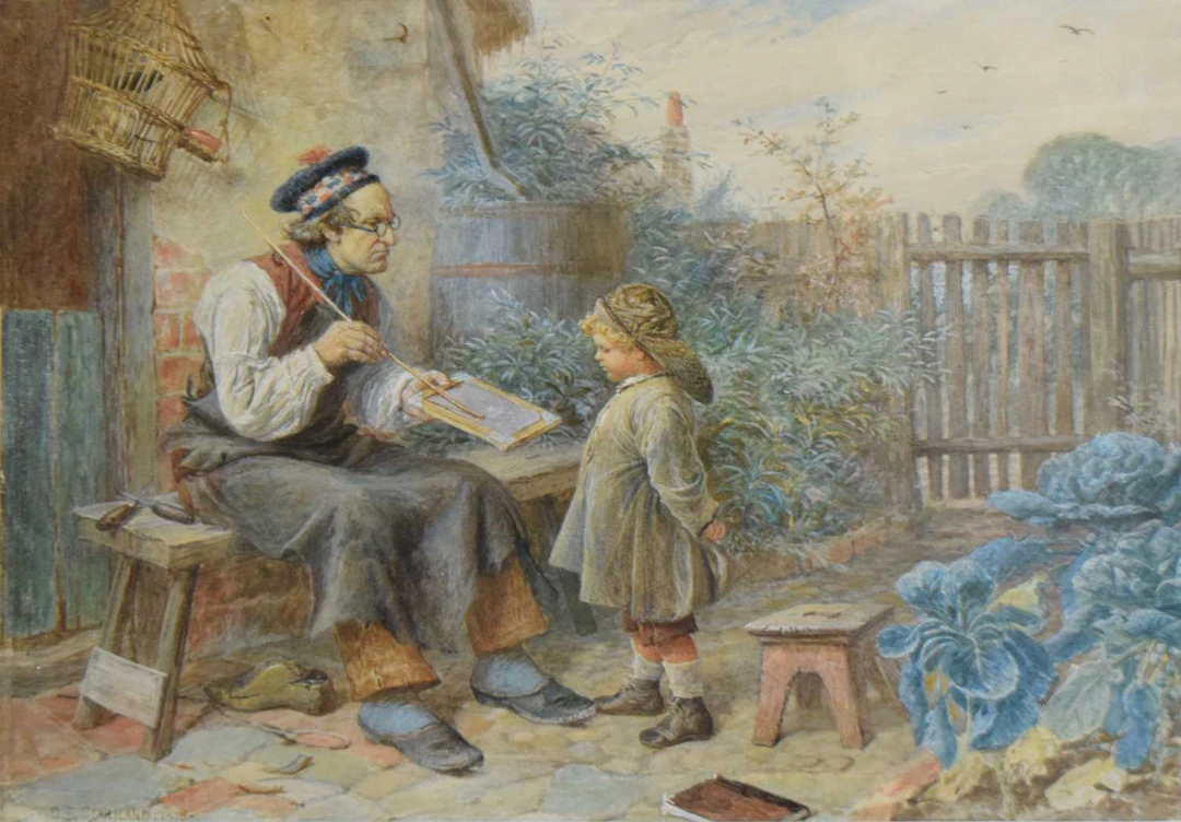 Charles Joseph Staniland RI (British, 1838-1916) - Watercolour - 'The Lesson'