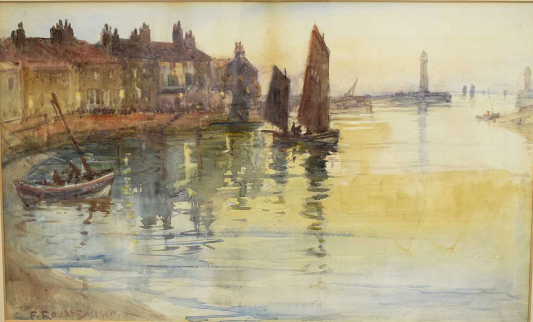 Frank Rousse (fl.1895-1917) - Watercolour - Harbour scene with boats