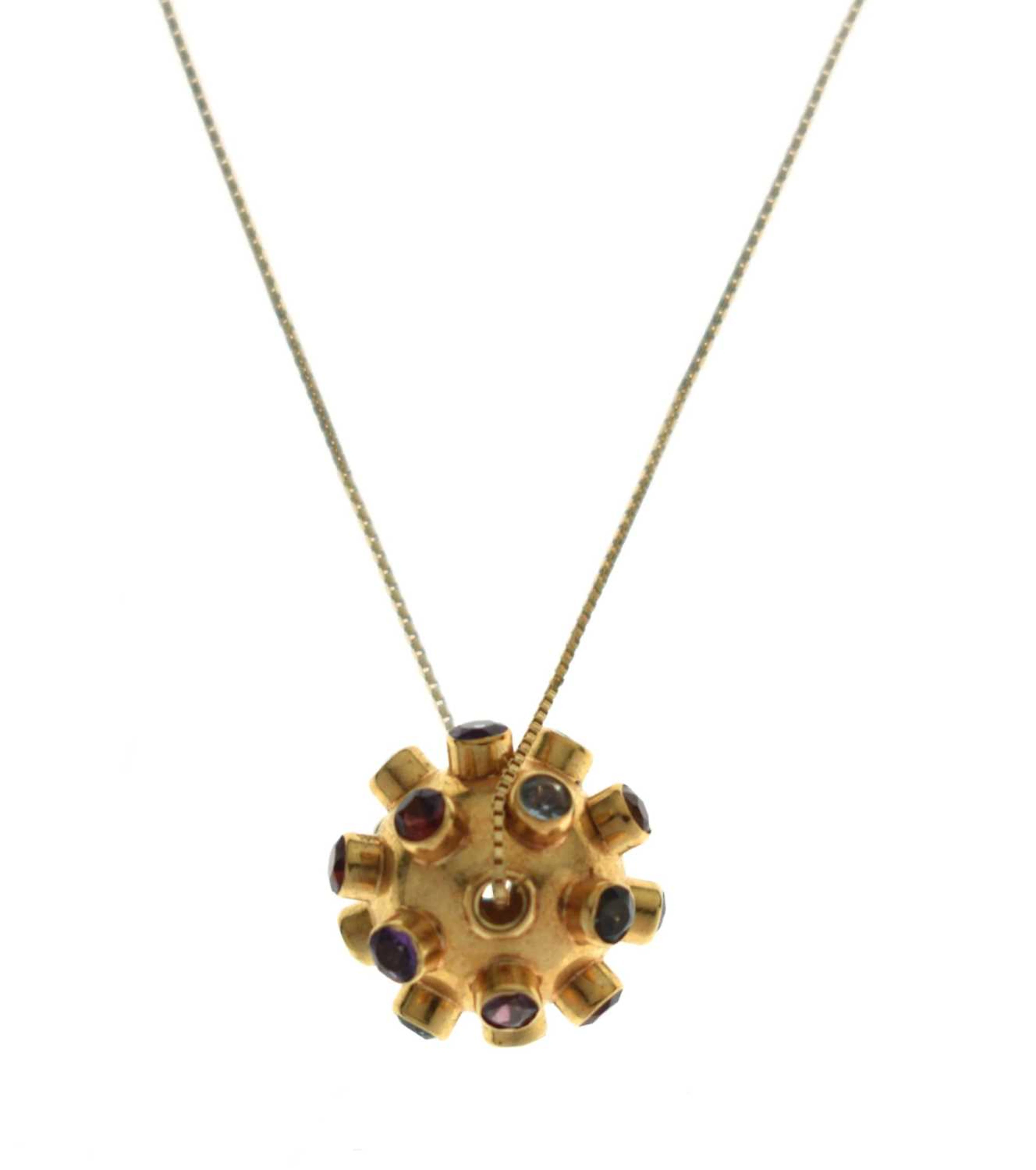 Unmarked yellow metal 'Sputnik' pendant set semi-precious stones