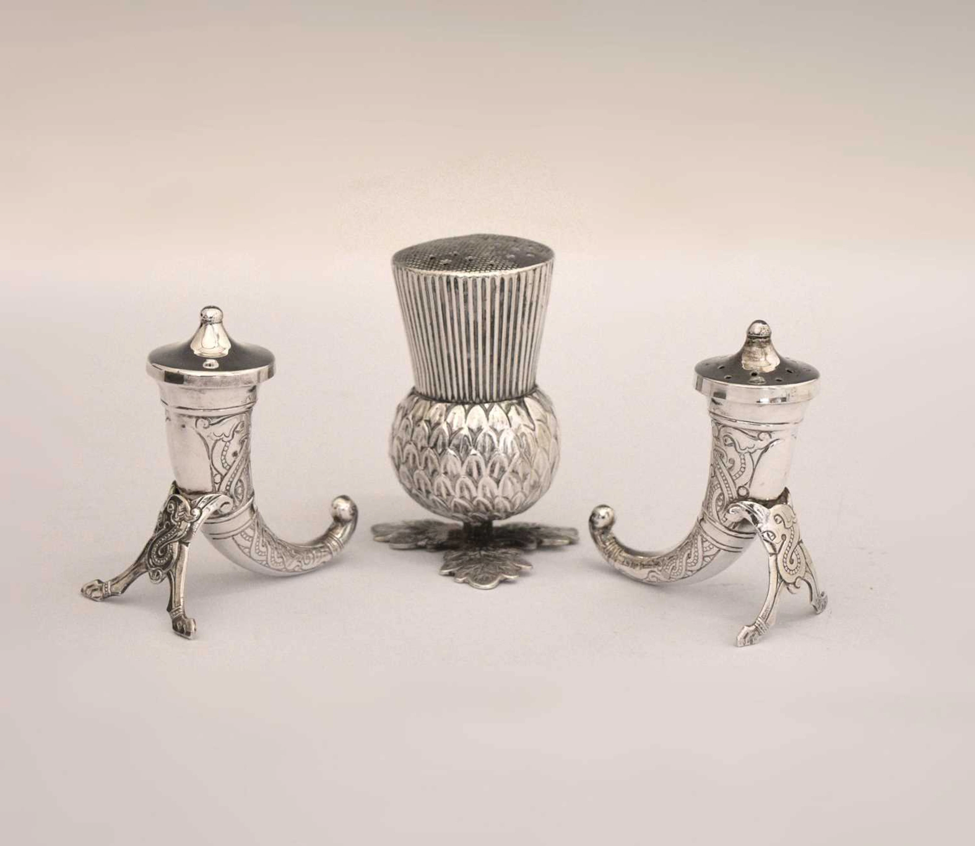 Late Victorian pepperette formed as a thistle and a pair of Norwegian