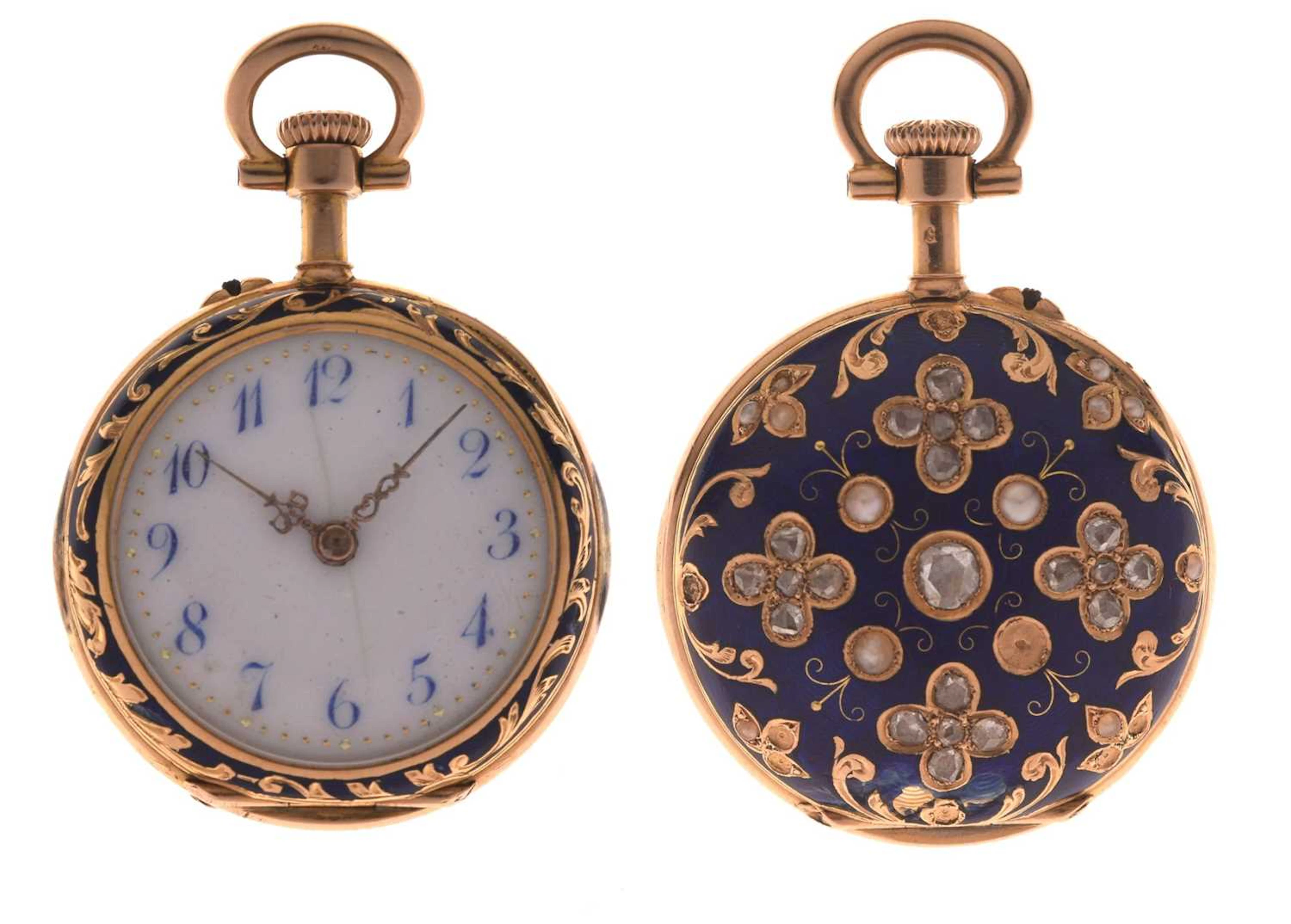 Diamond and pearl enamelled yellow metal continental fob watch