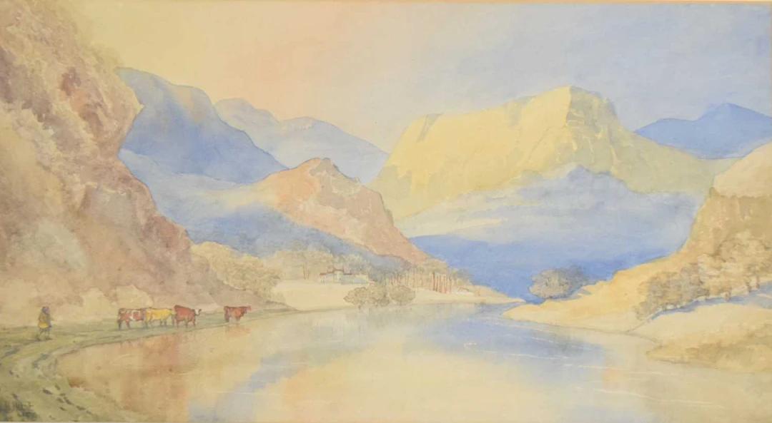 W.H. Hunt (19th century) - Watercolour - Cattle watering