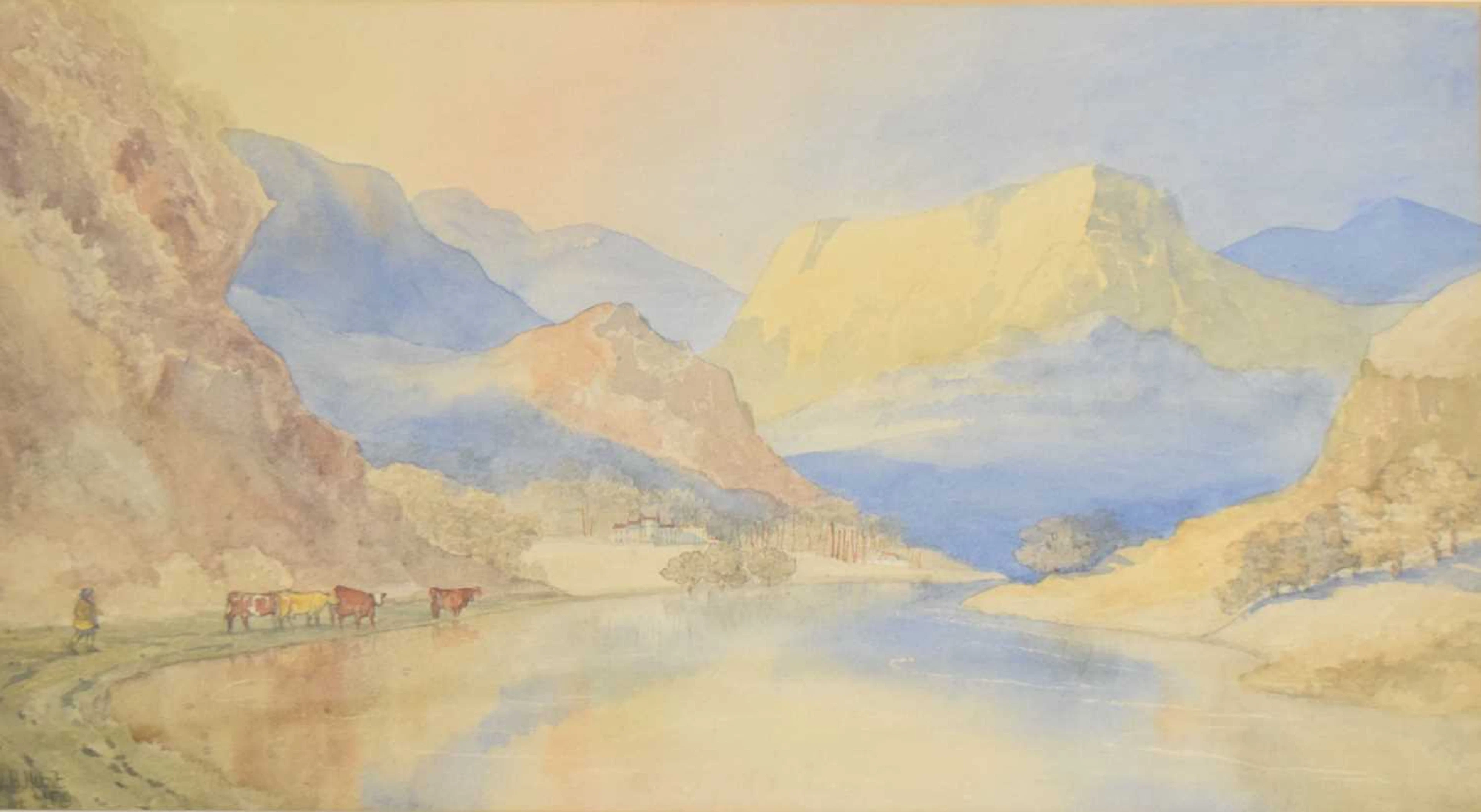 W.H. Hunt (19th century) - Watercolour - Cattle watering