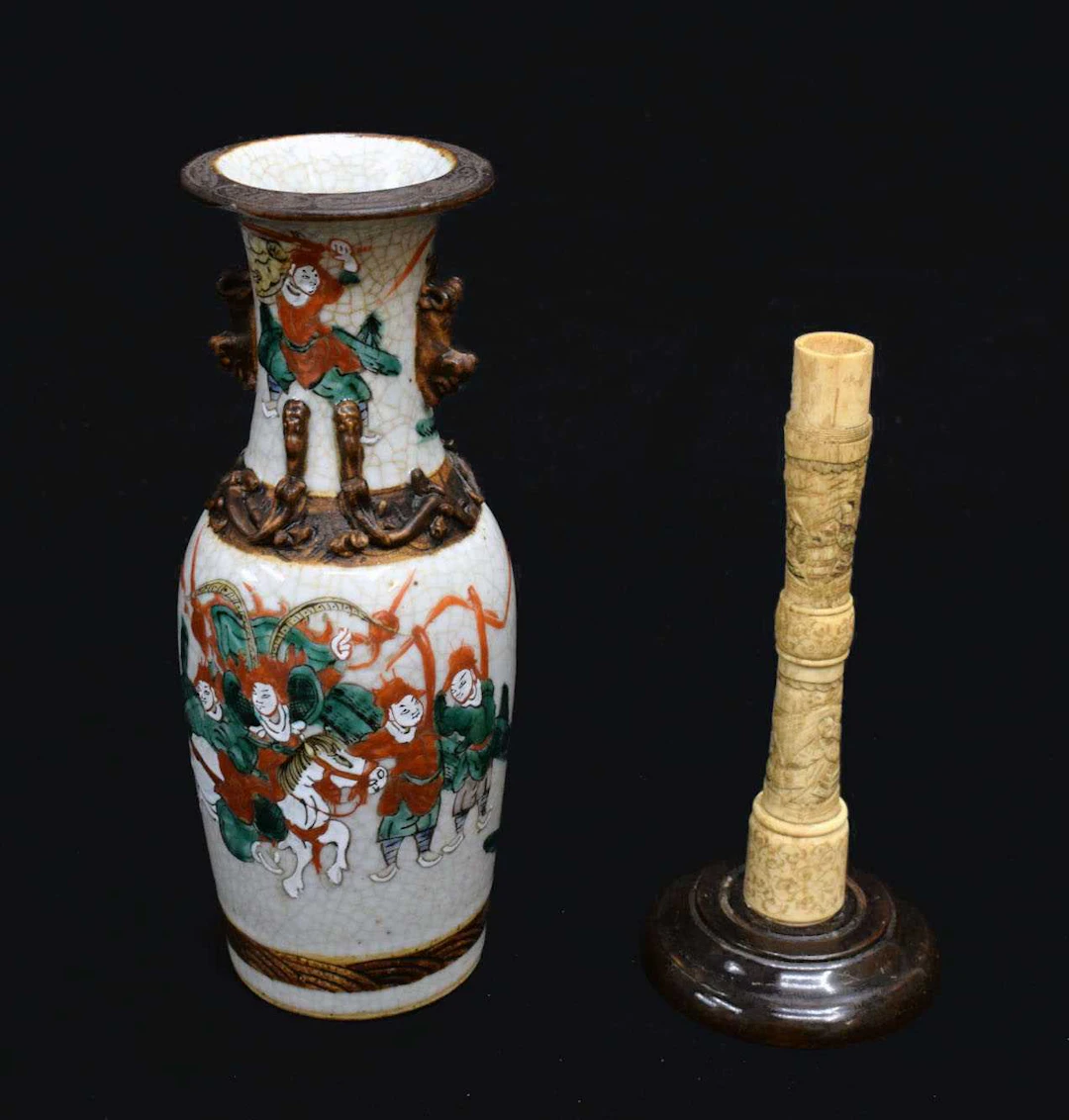 Chinese crackleware porcelain vase and Japanese bone candlestick