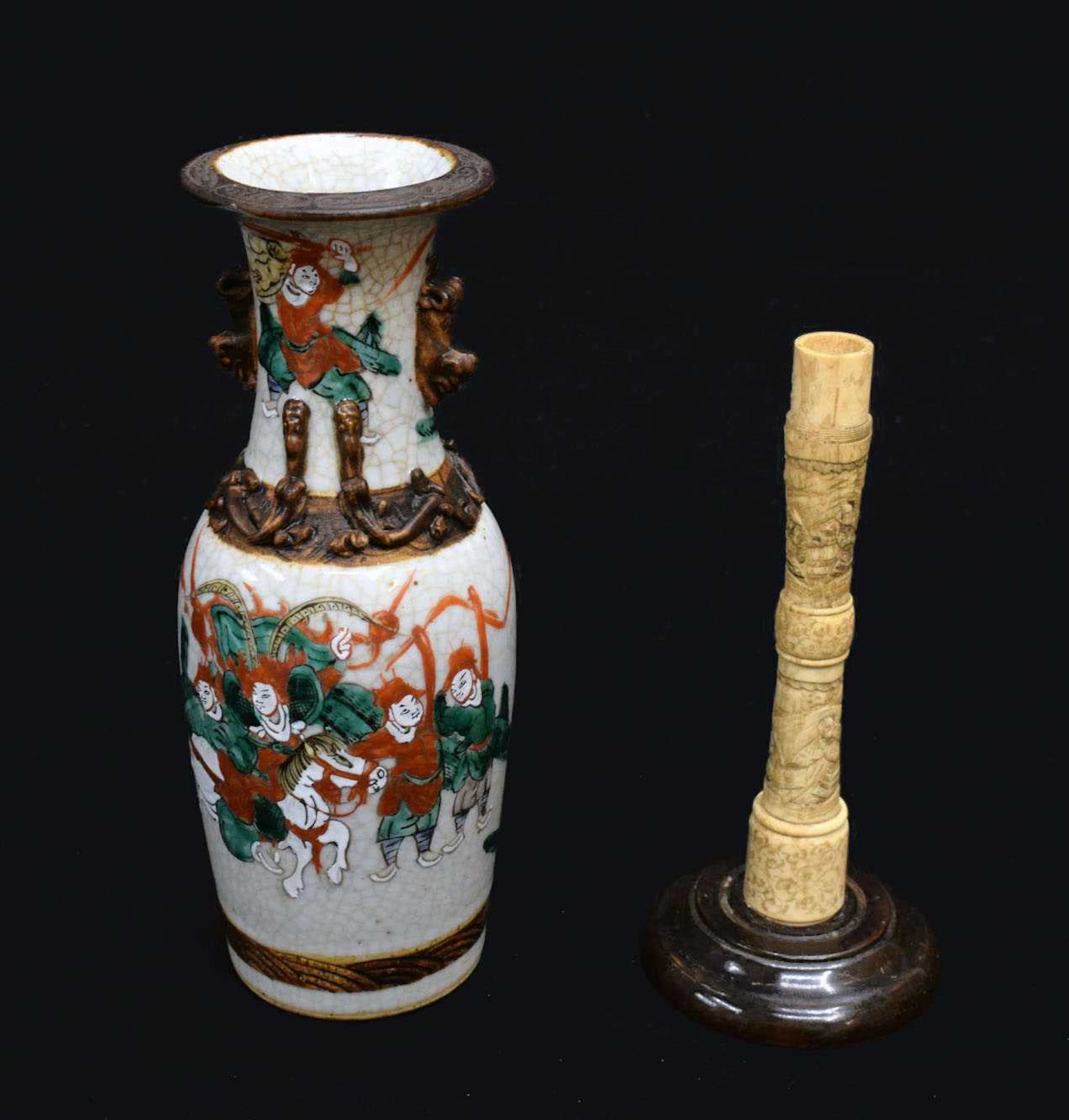 Chinese crackleware porcelain vase and Japanese bone candlestick