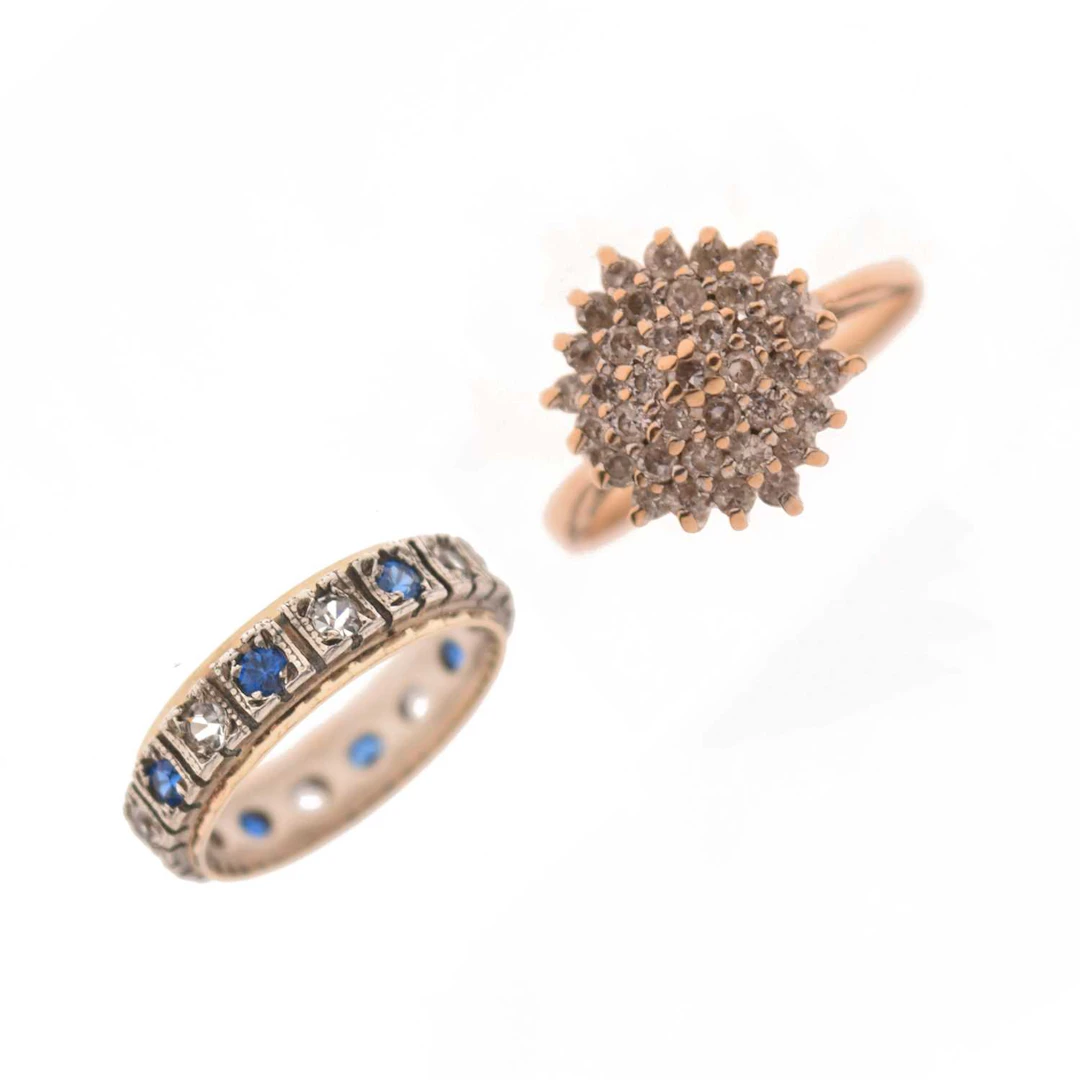 Blue and white paste full eternity ring, and a cubic zirconia 9ct