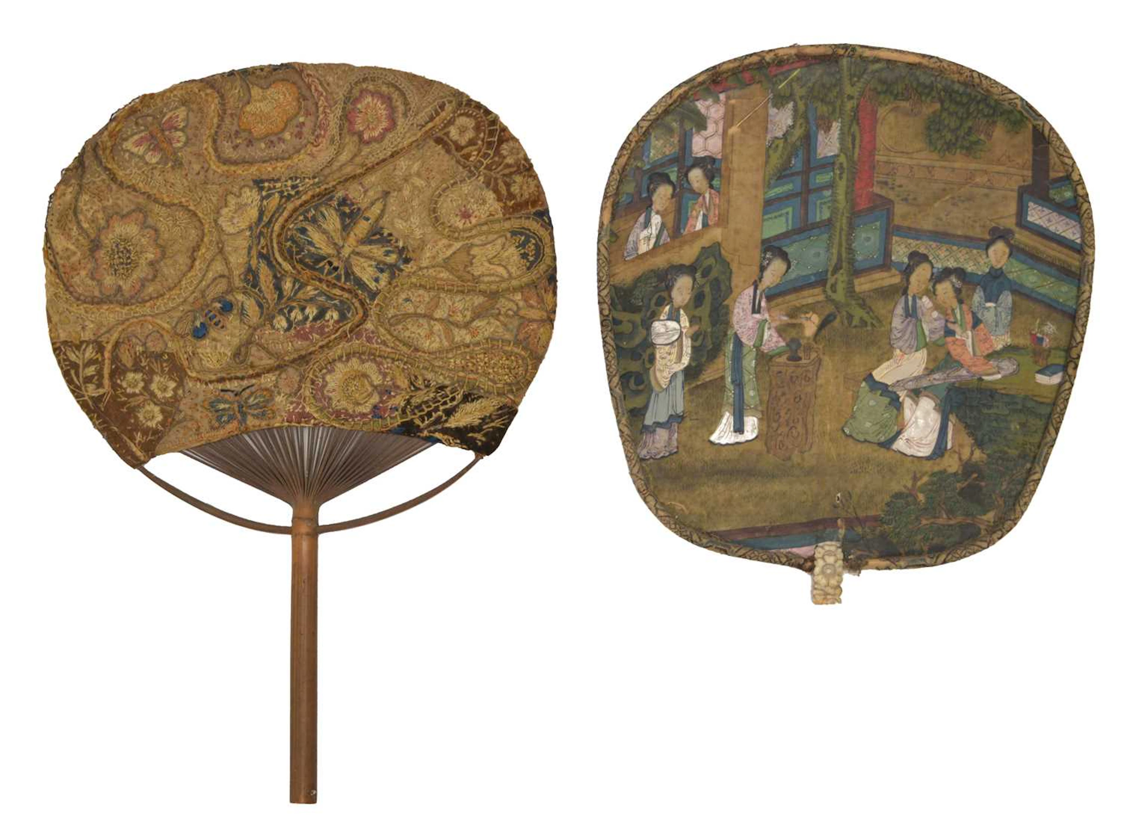 Chinese Qing dynasty painted silk face screen or fan (pien mien)