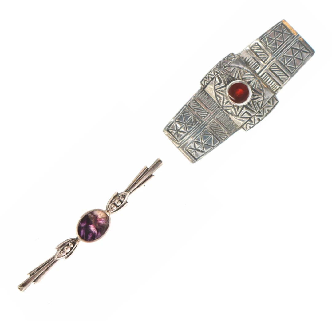 Blue John silver brooch and a Mexican-style silver brooch (2)